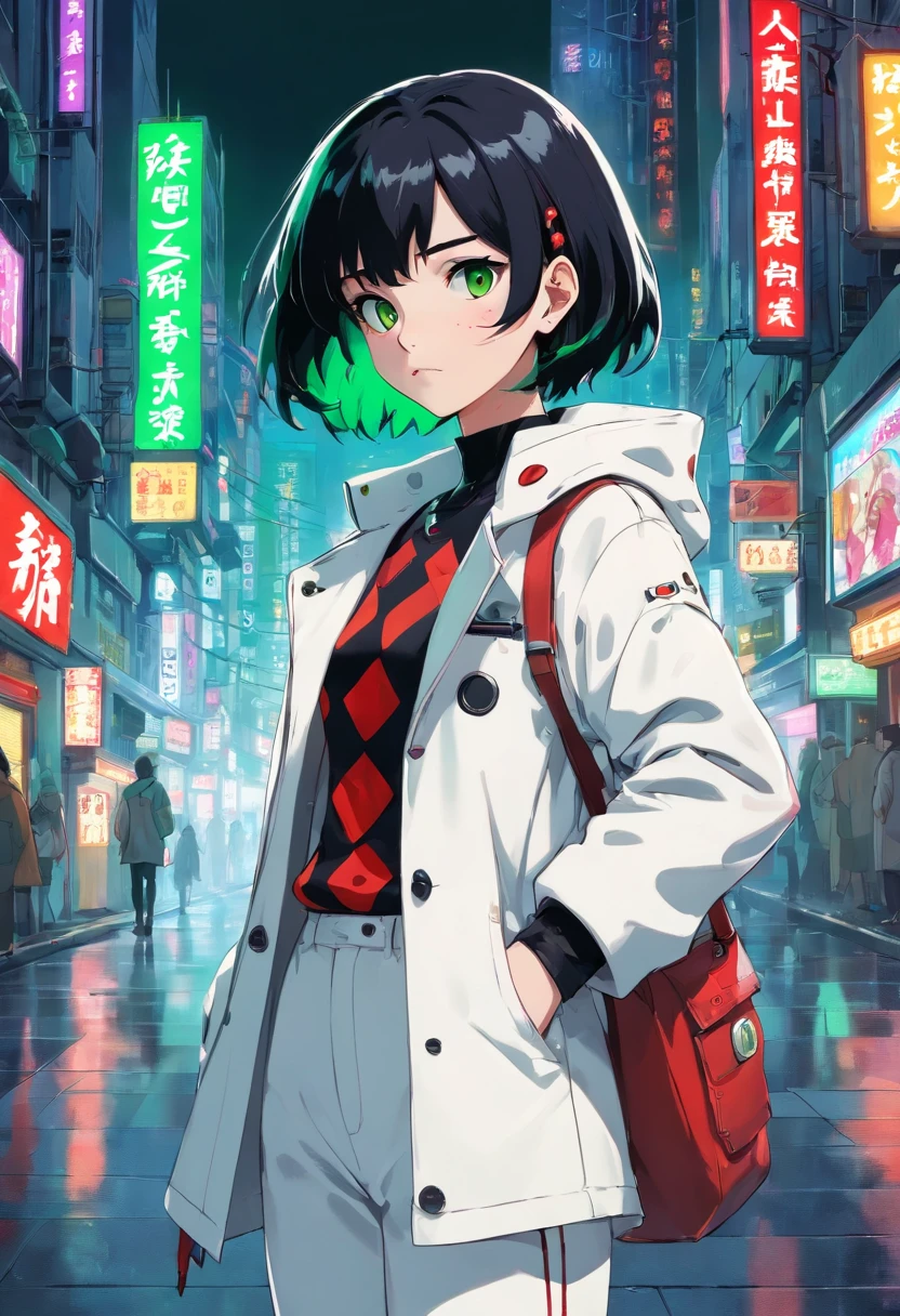 1girl, (masterpiece), black and white hair, short hair, green eyes, white coat with red polka dots, white pants, cyberpunk city, Clown