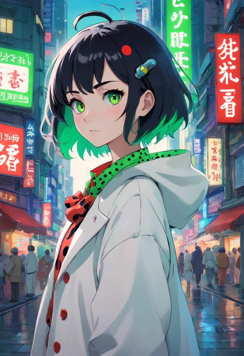 1girl, (masterpiece), black and white hair, short hair, green eyes, white coat with red polka dots, white pants, cyberpunk city, Clown