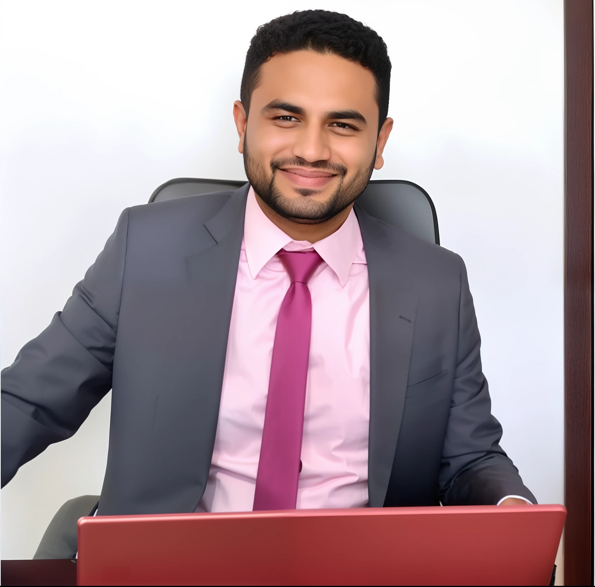 homem sorridente em um terno e gravata sentado em uma mesa com um laptop, Mohamed Chahin, foto de perfil profissional, imagem profissional, Kyza Saleem, Riyahd Cassiem, Afonso Azpiri, taken in the early 2020s, Mohamed Reda, facebook post, Postagem no Reddit, Fotografia tirada em 2 0 2 0, imagem profissional, CEO
