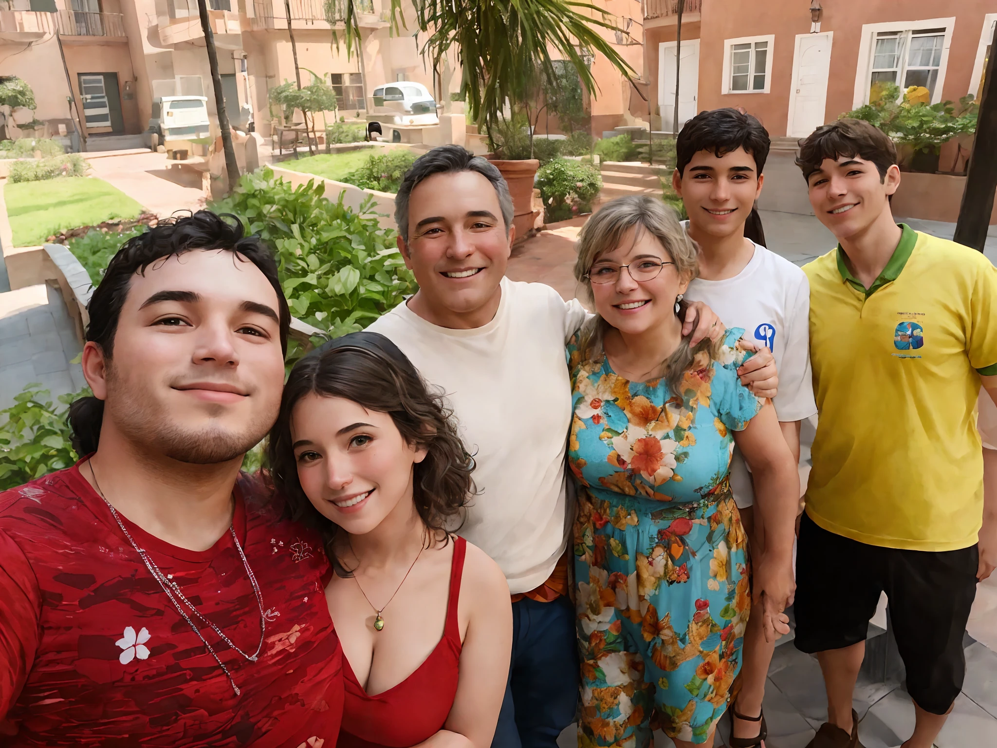 There are many people together in a group smiling for a picture, Directed by: Nandor Soldier, imagem de perfil, Family photo, Happy family, family portrait, in front of the house, foto de perfil, vacation photo, Fotografia tirada em 2 0 2 0, momma and papa, Em casa, album photo, Foto realista, Directed by: Teresa Fasolino. Estilo Disney Pixar.