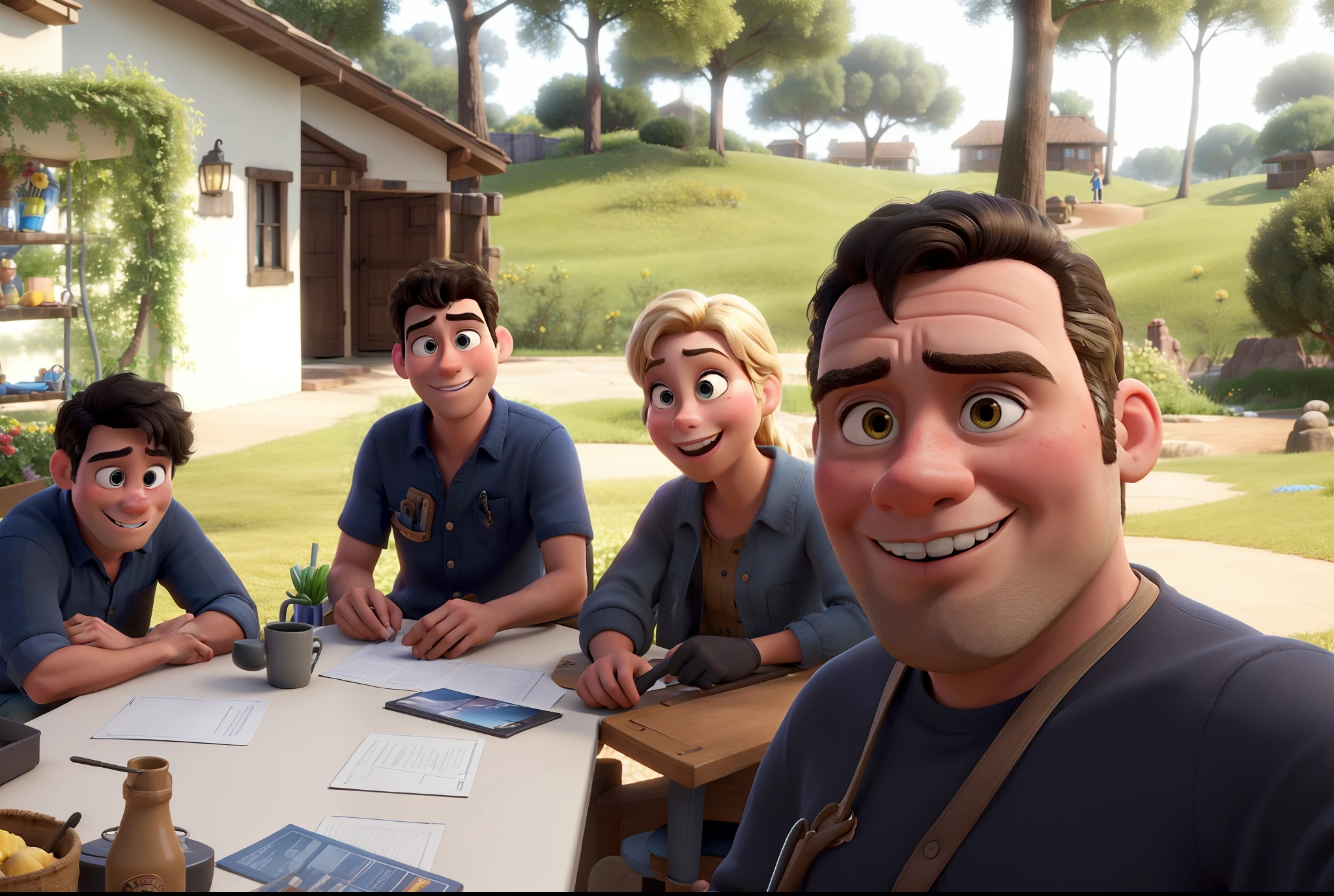 Obra-prima ao estilo Disney/Pixar in high quality and high resolution. The woman in the front is blonde and the man has black hair.