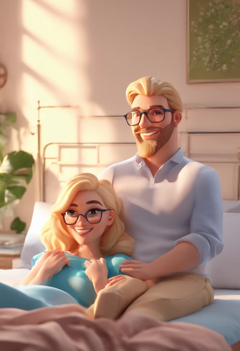 An illustration of an adorable couple, Spotlight on a thin white man with smiling glasses and beard, A blonde woman with beautiful greenish expressive eyes - the room is lit up, White walls and a double bed in the background with blue sheet, blusa da mulher rosa e do homem verde