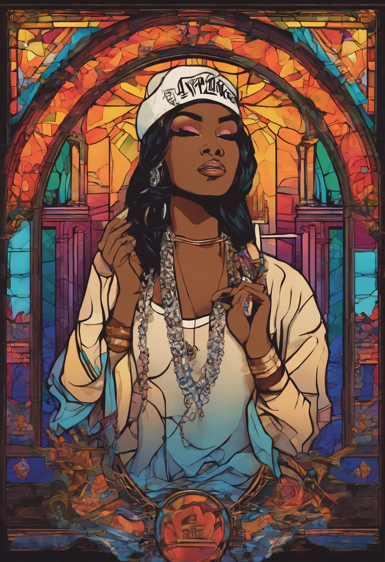 A dimly lit recording studio with a classic hip-hop vibe. There's an array of sound equipment and a microphone in the center. On the floor, a female rapper, MC Lyrical, kneels down in a prayer position, meditating before her performance. She's dressed in urban streetwear, with an air of confidence about her. Add some text on the top and bottom of the image to make it look like an album cover. The text should say 'MC Lyrical - Pray Before You Slay'
