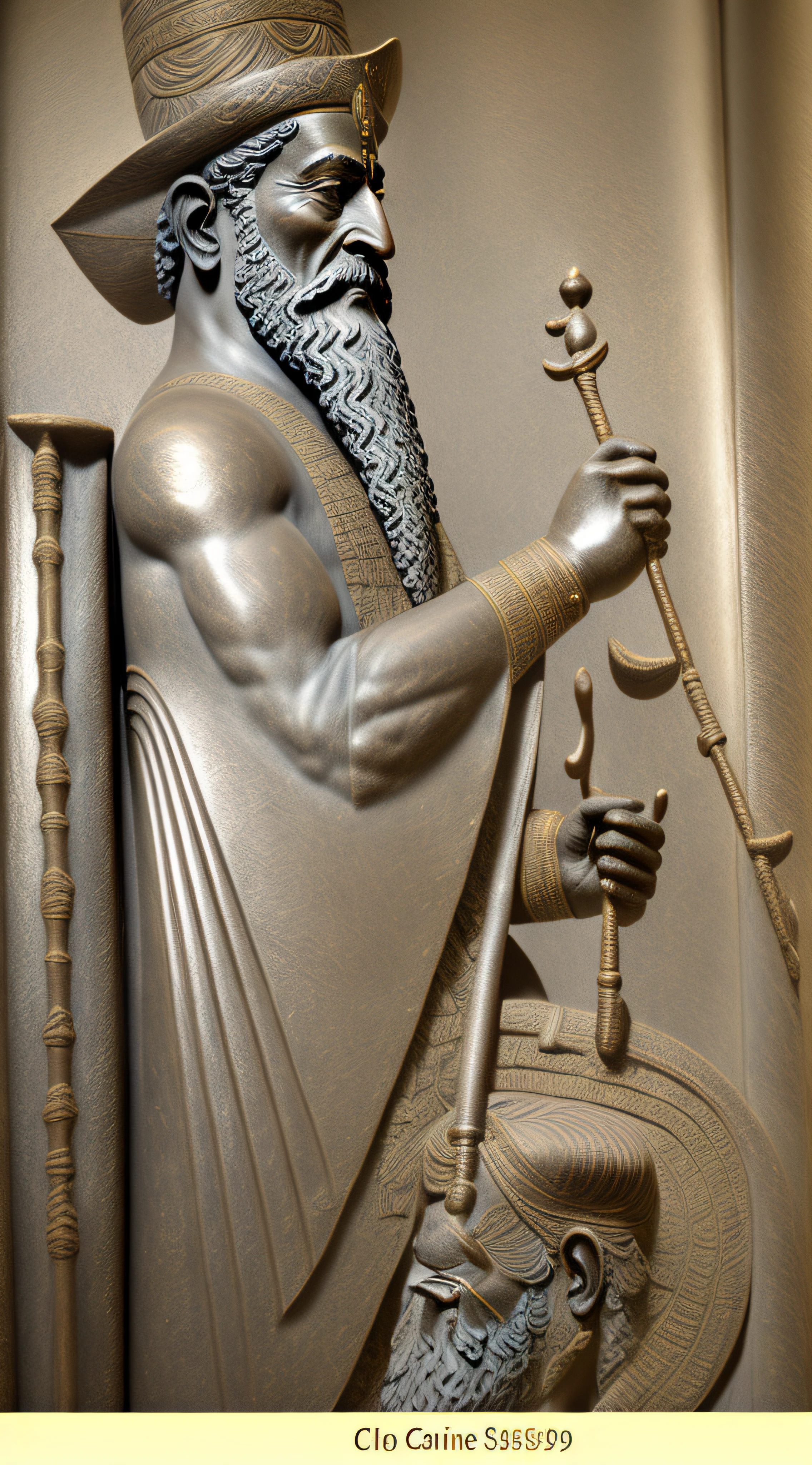 a close up of a statue of a man with a hat and a cane, bas - relief, assyrian, ancient blacksmith god, bas relief, ancient mesopotamian warrior, artist unknown, egyptian sumerian features, mesopotamic, sumerian, stone relief, historical artistic depiction, inspired by Nicomachus of Thebes, royal relief