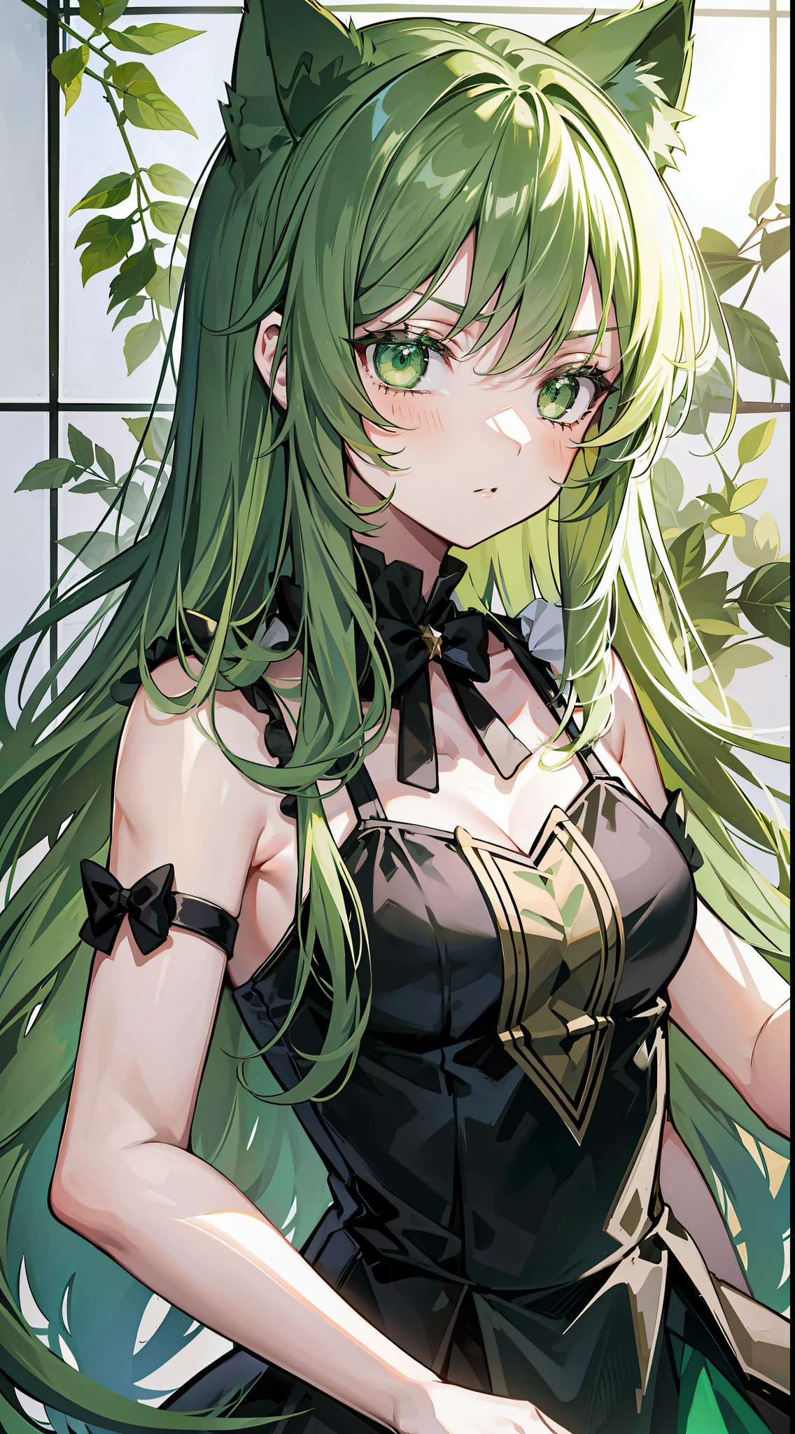 Young girl, long green hair, green eyes, cat ears, sleeveless combat dress, bow, serious look, masterpiece, high quality