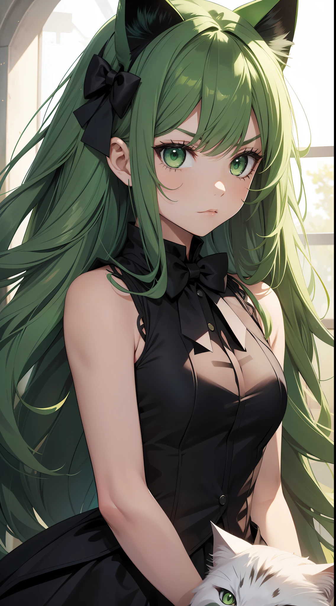 Young girl, long green hair, green eyes, cat ears, sleeveless combat dress, bow, serious look, masterpiece, high quality