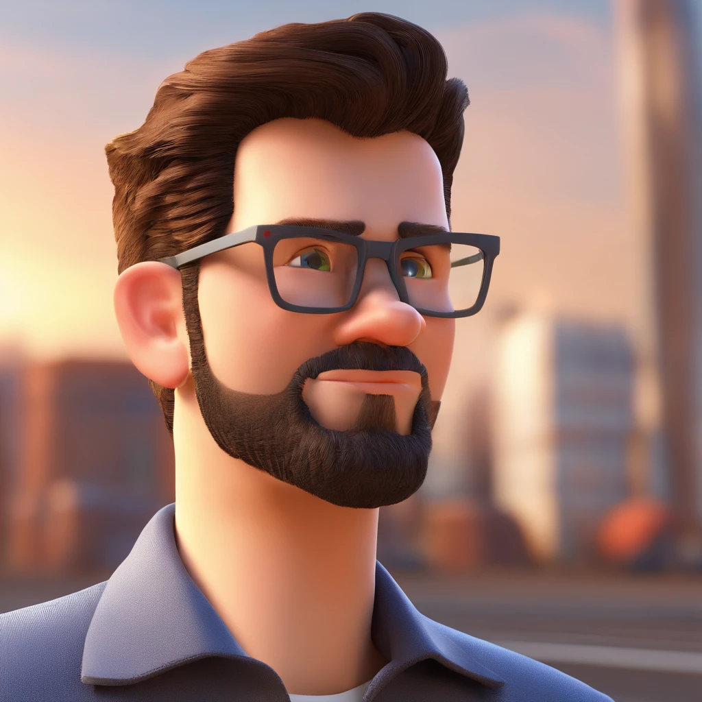 Criar um personagem no estilo Pixar. Trata-se de um homem de 30 anos, com barba, Branco, com cabelos castanhos curtos e um quiff, e olhos castanhos. Ele deve estar na frente de um computador, Trabalhar como designer