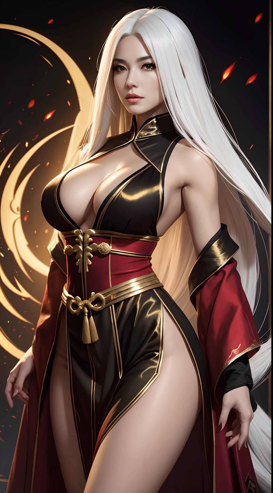 A beautiful and sexy woman with long white hair who has a very sexy body wearing a gold and black and red Taoist Robe outfit in the mortal kombat 11 style