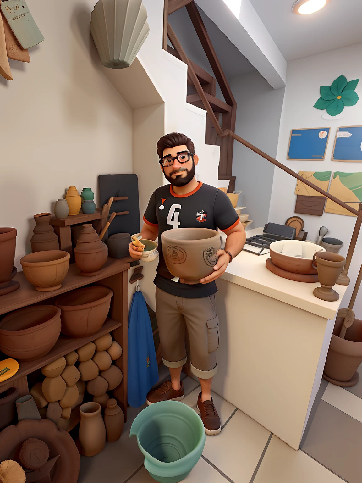 Jovem branco, with beard and glasses, com a blusa preta do Flamengo, Holding a giant clay cup in his hands, com artefatos de barro ao fundo.
