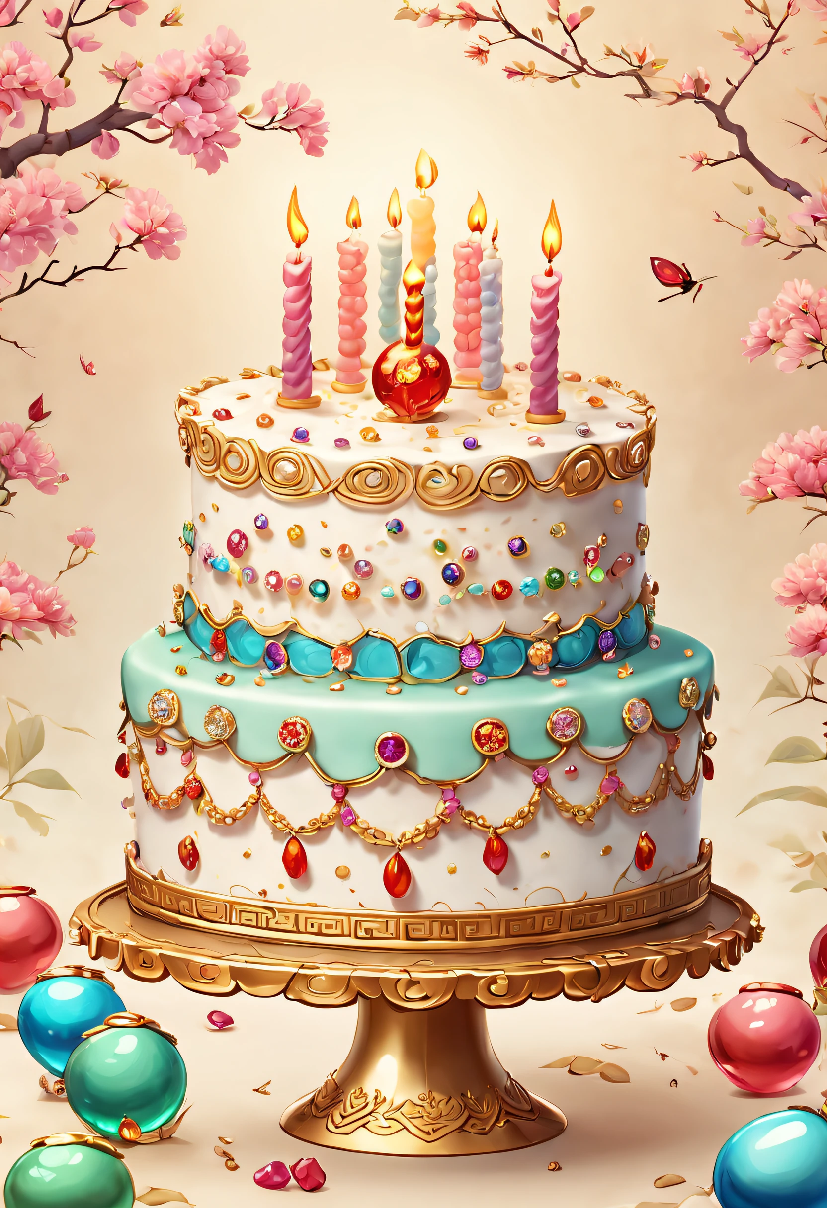A birthday cake full of gems,anatomy correct,Delicate pattern,ancient china art style,Oriental elements,Clean colors,simplebackground, Soft lighting, ( Bokeh),Masterpiece, Super detailed, Epic composition, Highest quality, 4K,