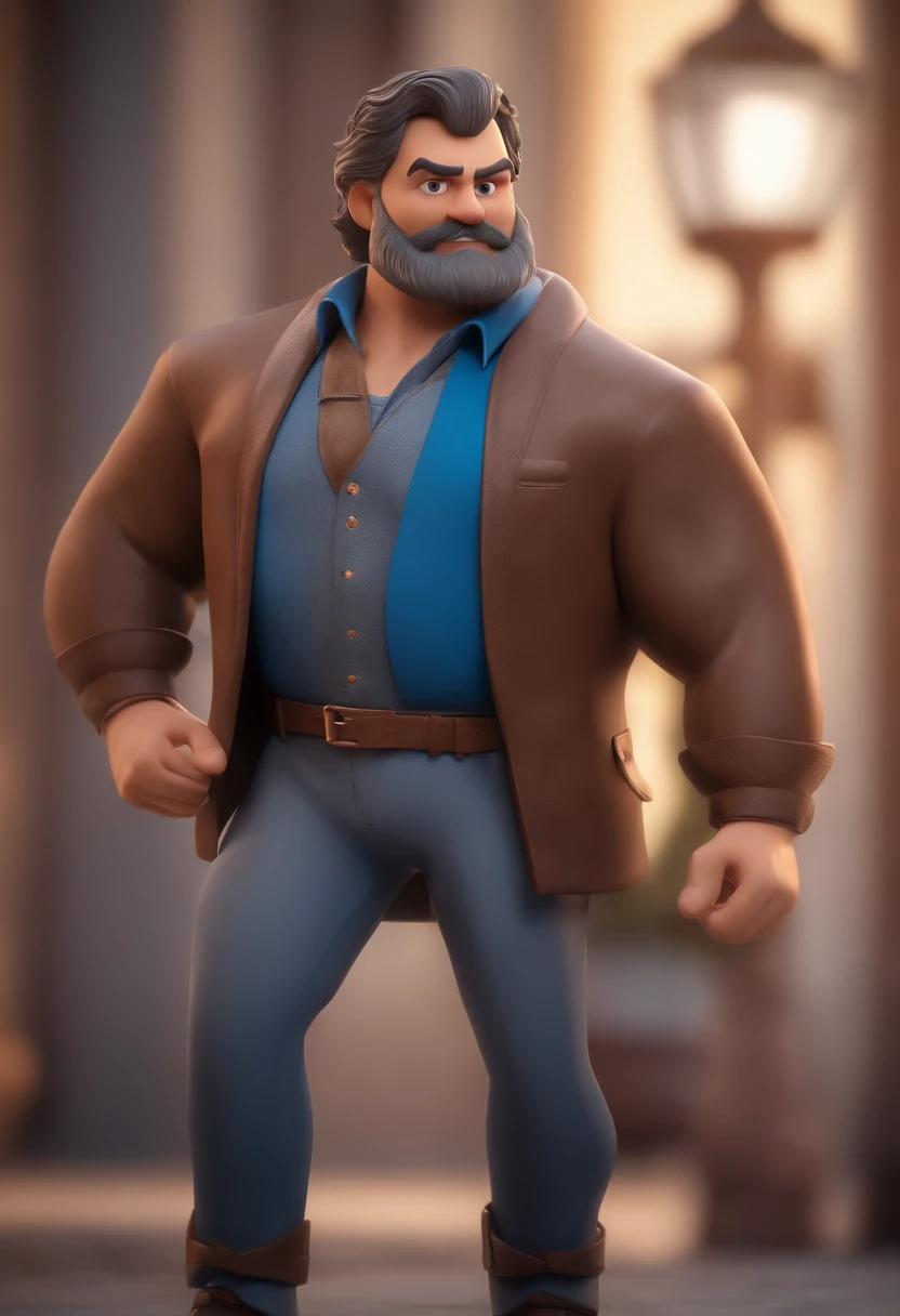 Personagem dos desenhos animados de um homem com, cabelo baixo marrom escuro, Gray beard is short, moreno e uma camisa azul, animation character, Caractere estilizado, animation style rendering, 3D estilizado, Arnold Maya render, 3 d render stylized, toon render keyshot, Personagem 3D, Personagem 3D, 3d rendering stylized, 3 d character render, personagem de desenho animado, Personagem de close up, Pose de personagem,  (Estilo Pixar) (master part:1.2) (Bokeh) (best quality) (pele detalhada) (textura detalhada) (8k) (argila) (Cinematic lighting) (foco nítido