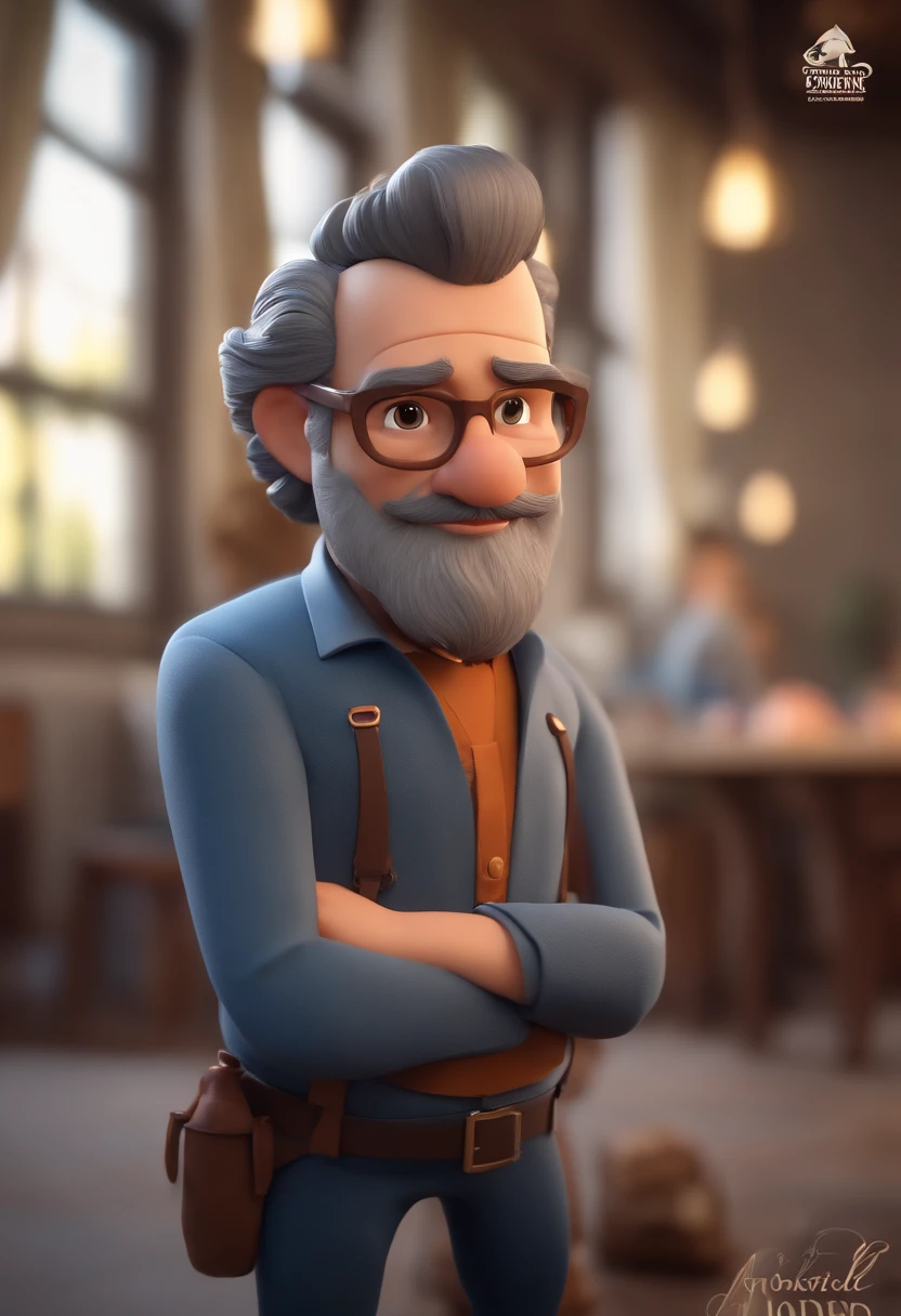 Personagem dos desenhos animados de um homem com, cabelo baixo marrom escuro, Gray beard is short, moreno e uma camisa azul, animation character, Caractere estilizado, animation style rendering, 3D estilizado, Arnold Maya render, 3 d render stylized, toon render keyshot, Personagem 3D, Personagem 3D, 3d rendering stylized, 3 d character render, personagem de desenho animado, Personagem de close up, Pose de personagem,  (Estilo Pixar) (master part:1.2) (Bokeh) (best quality) (pele detalhada) (textura detalhada) (8k) (argila) (Cinematic lighting) (foco nítido