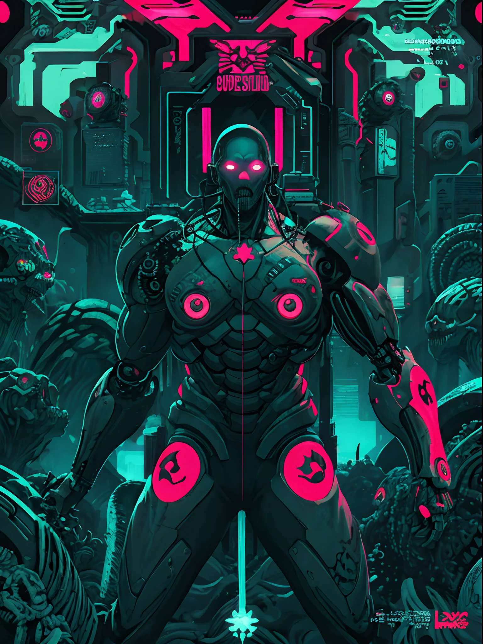 Super cyborg, magazine cover, poster art , Lovecraftian horror genre, hint of neon, bold huge text, alluring design layout, strong, bold inking techniques, flat 2d cover