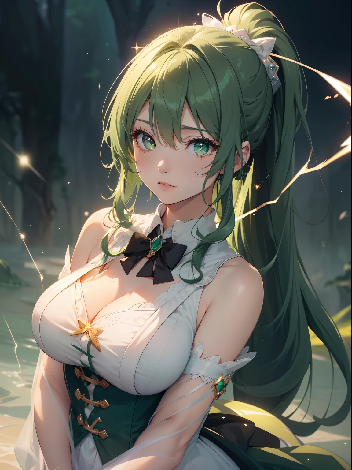 masutepiece, High resolution, 8K, anime woman, Delicate and detailed writing 、Detailed digital illustration、absurdly long hair、(((Ponytail)))、Shiny hair、a very beautiful woman、Eyes are double, Large,Little hanging eyes、 Bust E Cup、High image quality, High quality、Detailed background、((Wizard Background))、The inside of the eye shines like a diamond、(((Dark green hair)))、Gradient pupil、(((2 arms、4 fingers, 1 thumb)))、Detailed female face、a very beautiful woman、、细致背景、​masterpiece、Soft Focus , Bright gradient watercolor , Lens Flare , (((Glitter))) , Glow , Dreamy ,a miniskirt、Idol、Light Green Ribbon、Very beautiful light green rose hair accessories、Light green and gold costume with white as the main color、((Macroface))、(Cool Girl).Tall lady、Dignified.((No bangs))、(((Witch)))、holding a magic wand、Thunder background、Witch Hat、(((Lightning)))、angry