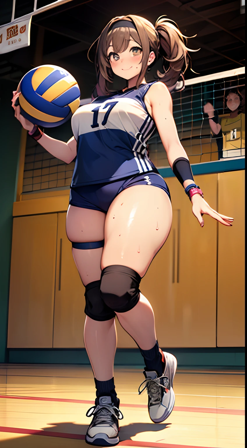 UHD, anatomically correct, 8k, (((masterpiece))), (((best quality))), (((ultra detailed))), (((high-resolution))), ((super fine illustration)), ((Ultimate cutie)), detailed beautiful face, solo, one girl, 17 years old, (potbelly), (curvy), medium breasts, ((Thick thighs)), shiny hair, smile, (blush), BREAK, (((buruma))), (sleeveless volleyball uniform), headband, ((wrist bands)), ((kneepads)), (((loose socks))), (((leg warmers))), ((high top sneakers)), BREAK, ((Embrace the Beautiful spherical shape 6-inch volleyball with both hands)), ((hold the Beautiful spherical shape 6-inch volleyball with both hands)), stylish pose, ((sweat)), (perspired), (heavy breathing), sense of depth, in gymnasium, lighting, looking at viewers,full body