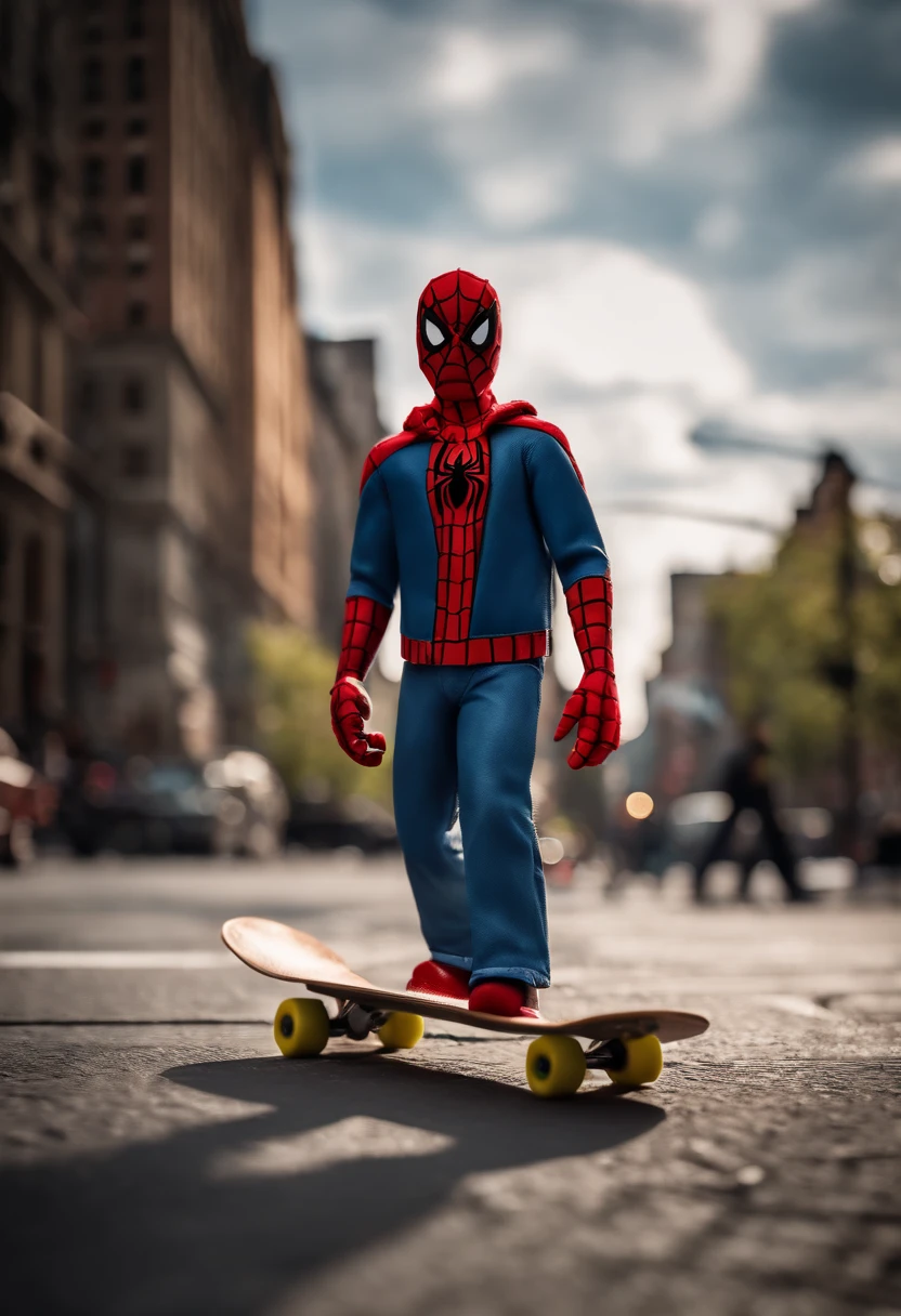 Spiderman skateboarding with an ice cream in his hand in New York City