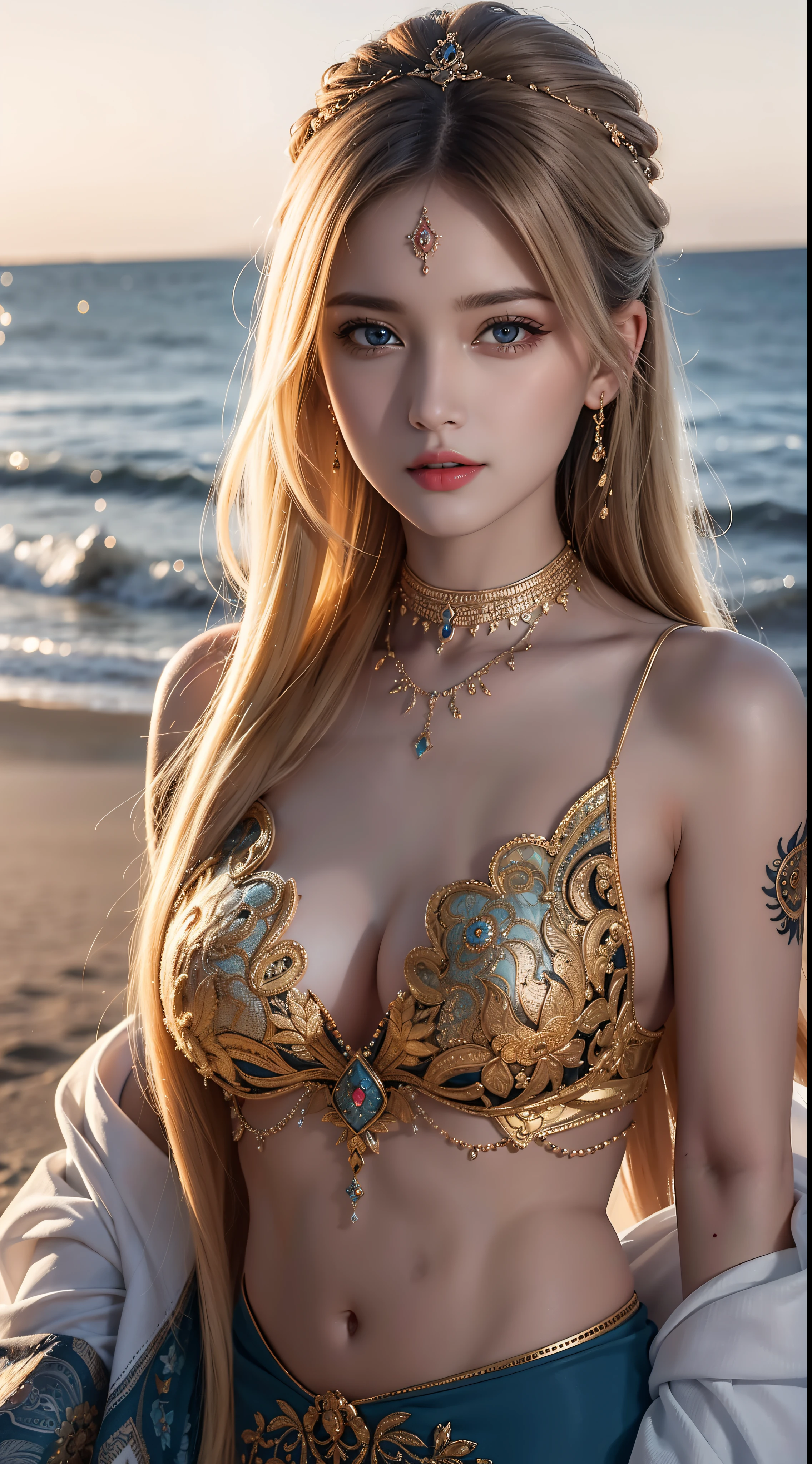 Witness the ultimate masterpiece of art with our AI platform – stunning 8k ultra HD renderings of a beautiful Pakistani woman adorned with intricate tattoos, Play on the beach with blonde hair and piercing blue eyes.