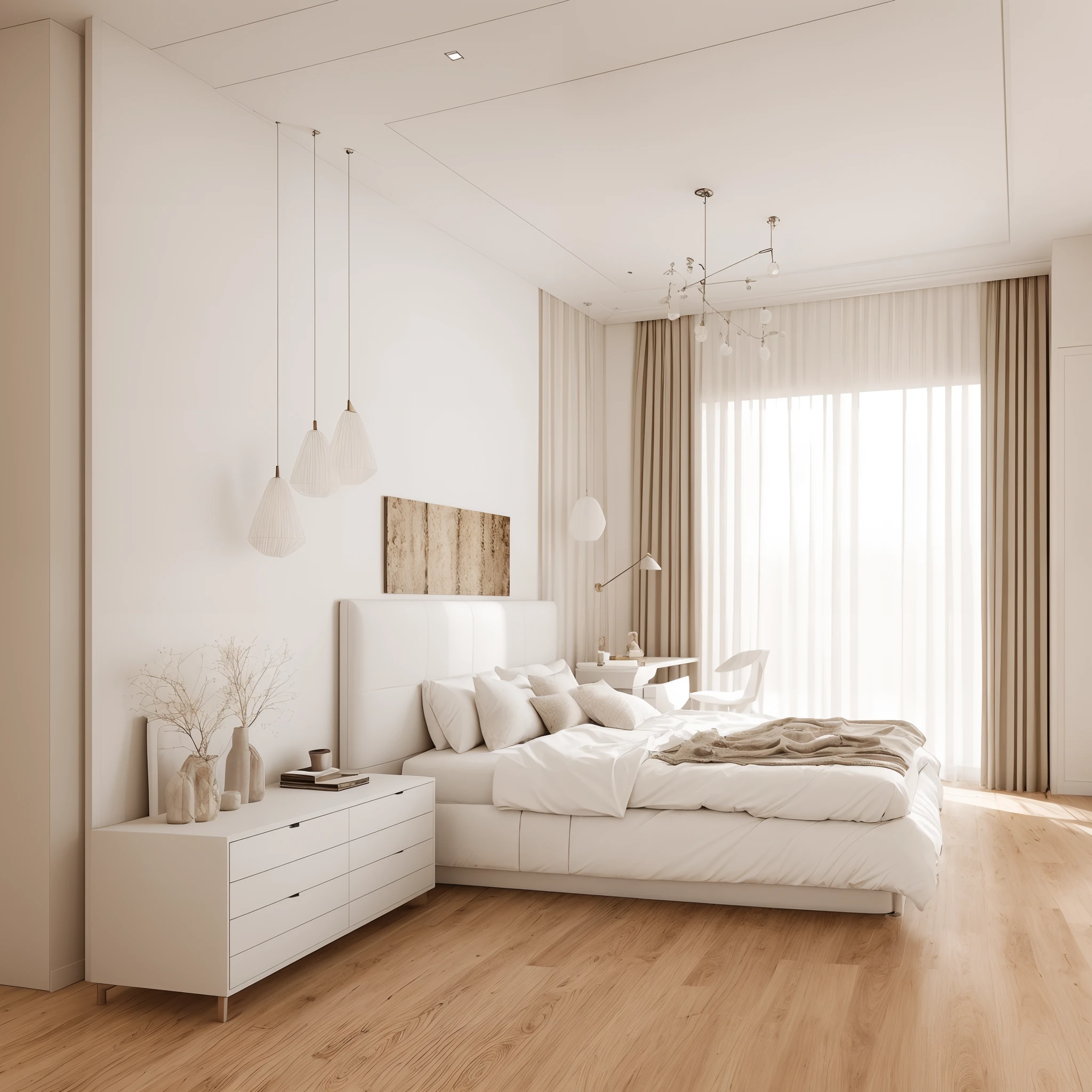 RAW photo,masterpiece, high quality, best quality, authentic, super detail, floor wood, bedroom, capet, plax ceiling, 1 white curtain with glass wall, luxury, 3dmax vray