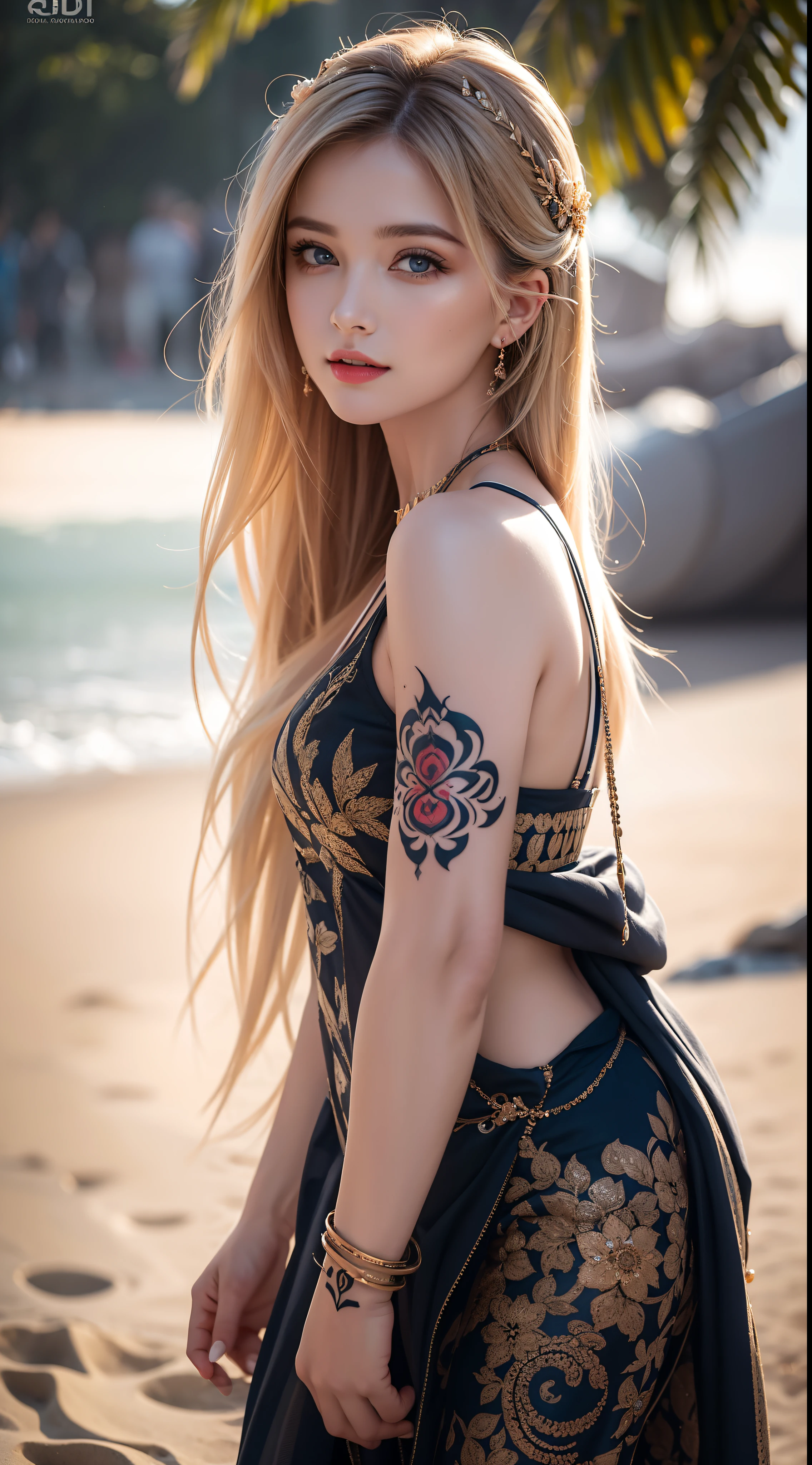Witness the ultimate masterpiece of art with our AI platform – stunning 8k ultra HD renderings of a beautiful Pakistani woman adorned with intricate tattoos, Play on the beach with blonde hair and piercing blue eyes.