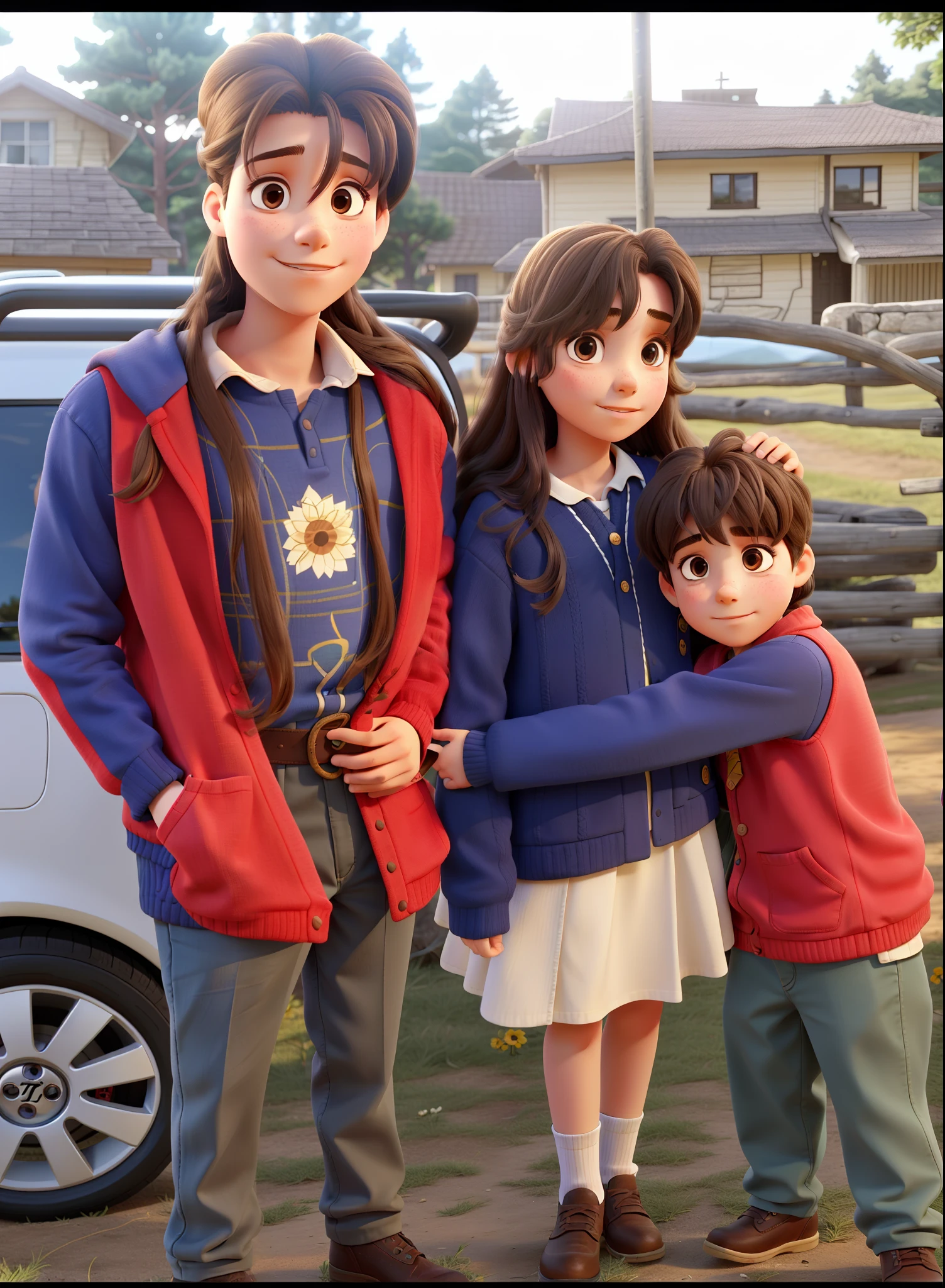 Three brothers, a taller young man, A young girl with long hair and a on a sunny day