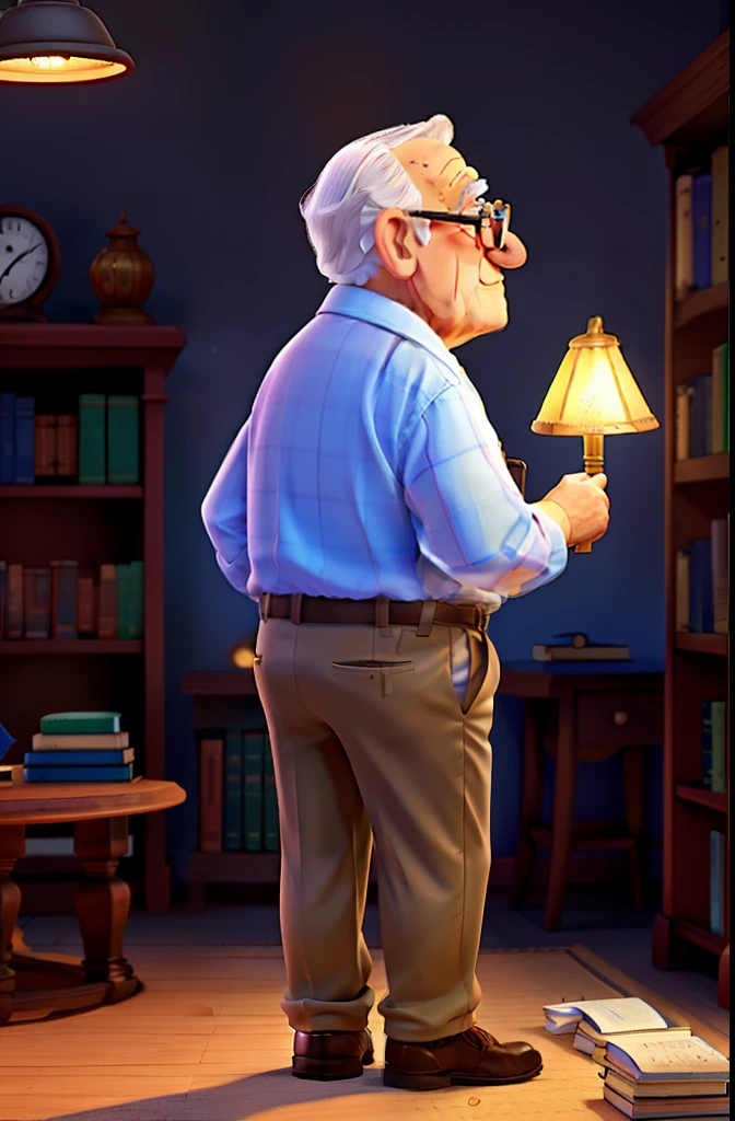 A wise old man standing in front, illuminated by the light of a lamp, against the backdrop of a library