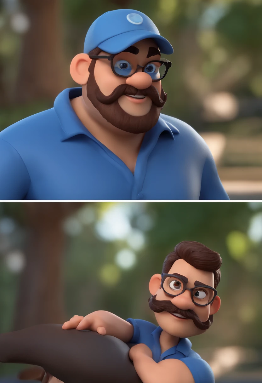 Cartoon character of a man with beard with black glasses and a blue shirt, animation character, Caractere estilizado, animation style rendering, 3D estilizado, Arnold Maya render, 3 d render stylized, toon render keyshot, Personagem 3D, Personagem 3D, 3d rendering stylized, 3 d character render, personagem de desenho animado, Personagem de close up, Pose de personagem,  (Estilo Pixar) (master part:1.2) (Bokeh) (best quality) (pele detalhada) (textura detalhada) (8k) (argila) (Cinematic lighting) (foco nítido
