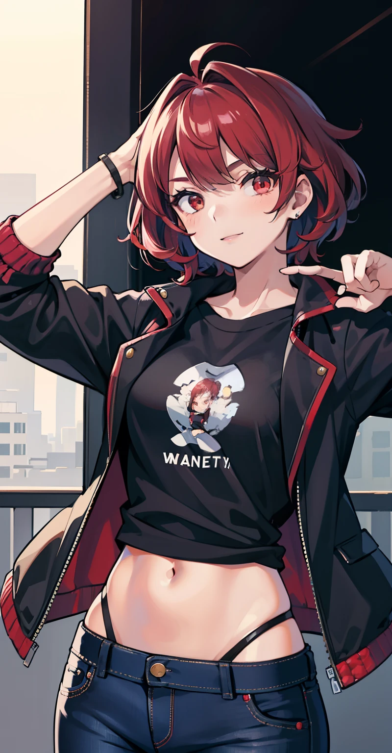 1girl, masterpiece, lady_nagant, short hair, red hair,  red eyes, happy, Black jacket, Black t-shirt, jeans pants