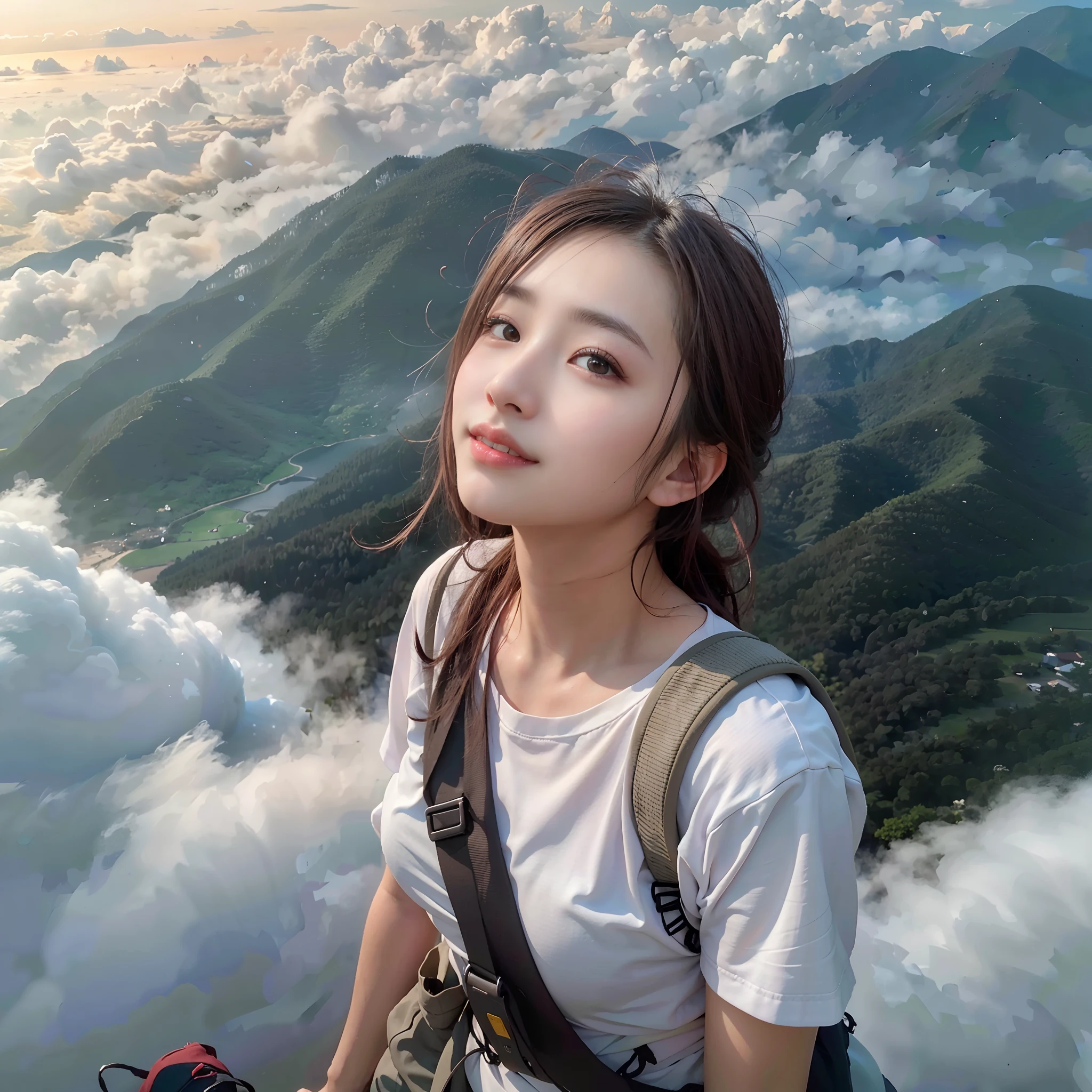 (Best Quality, hyper realistic photography), Magnificent mountain, sea of clouds, Woman watching sunset, selfee, ((Upper body)), white t-shirts, Trekking Shorts, trekking boots, rucksack, (ultra-delicate face, Super Beautiful Maid, Super delicate eyes, Ultra-detailed nose, Ultra detailed mouth, Ultra-detailed facial features), Beautie, 18year old, Smiling happily