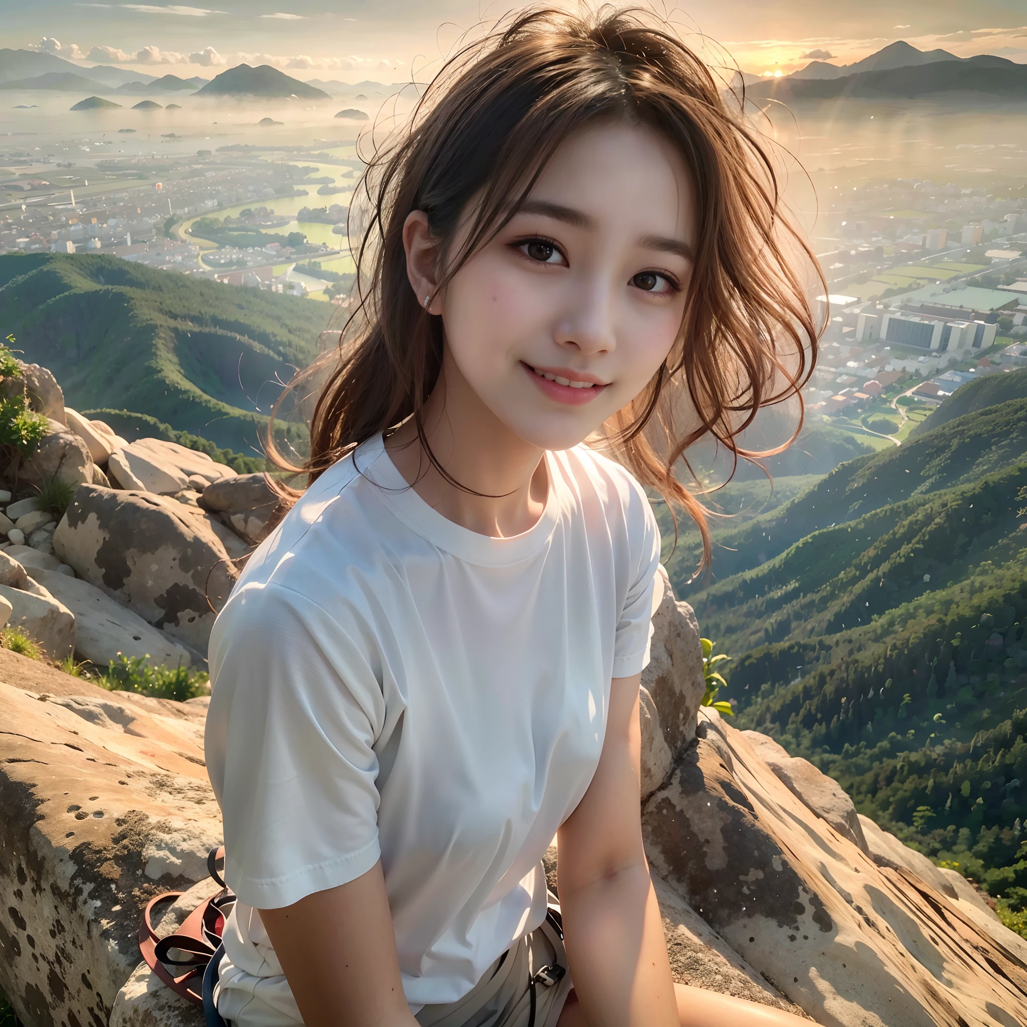(Best Quality, hyper realistic photography), Magnificent mountain, sea of clouds, Woman watching sunset, selfee, ((Upper body)), white t-shirts, Trekking Shorts, trekking boots, rucksack,  (ultra-delicate face, Super Beautiful Maid, Super delicate eyes, Ultra-detailed nose, Ultra detailed mouth, Ultra-detailed facial features), Beautie, 18year old, Smiling happily
