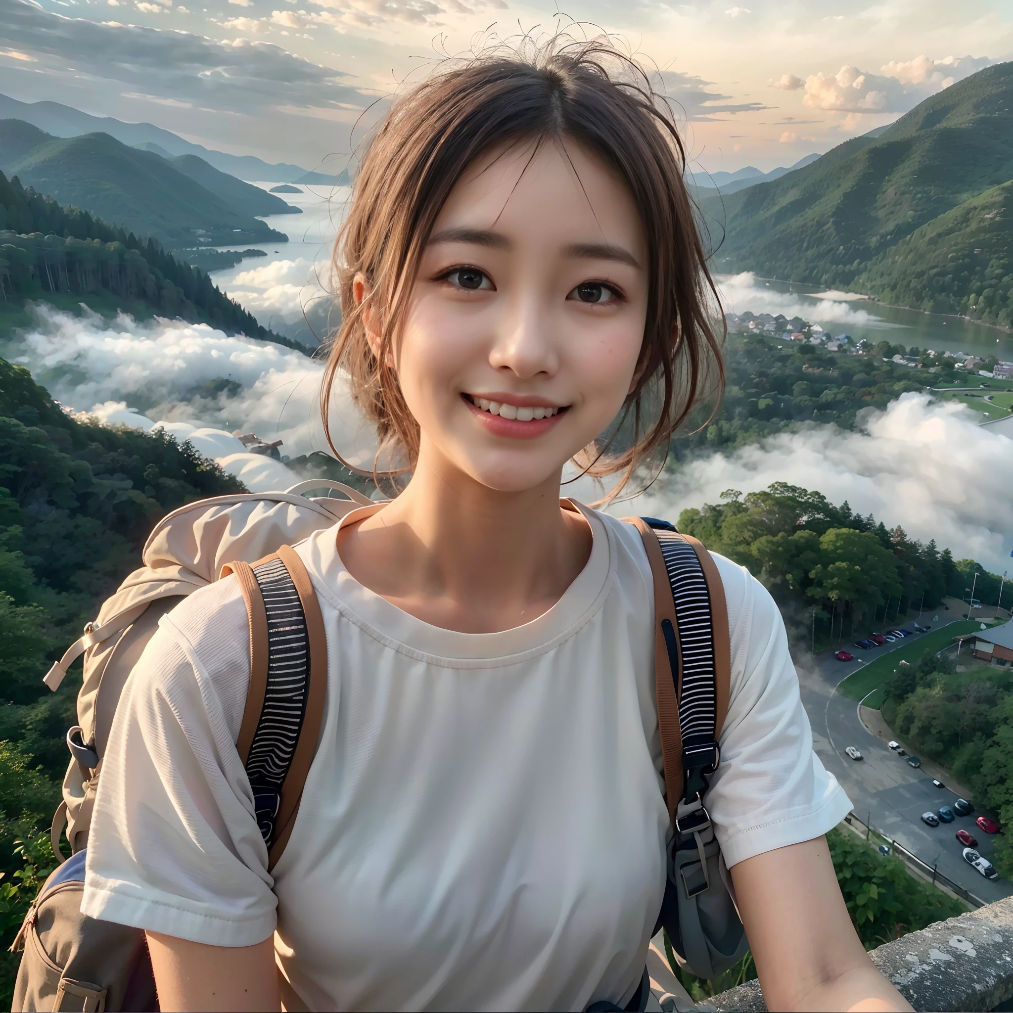 (Best Quality, hyper realistic photography), Magnificent mountain, sea of clouds, Woman watching sunset, selfee, ((Upper body)), white t-shirts, Trekking Shorts, trekking boots, rucksack,  (ultra-delicate face, Super Beautiful Maid, Super delicate eyes, Ultra-detailed nose, Ultra detailed mouth, Ultra-detailed facial features), Beautie, 18year old, Smiling happily