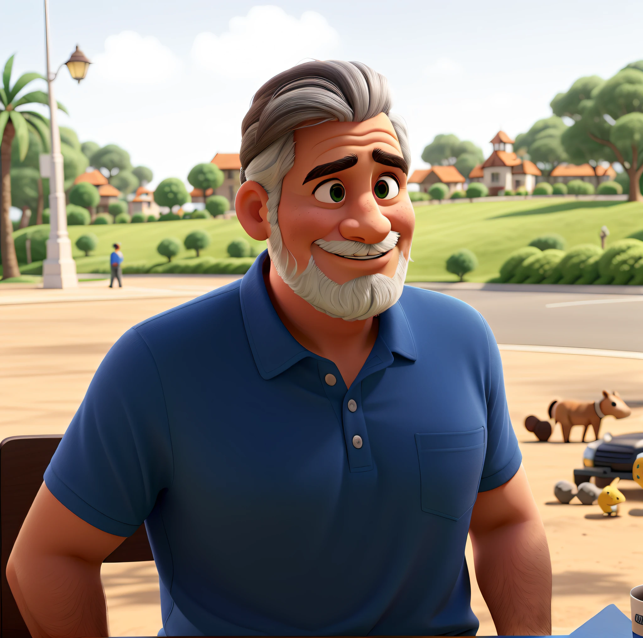 um homem de cerca de 62 anos, jovial, estilo disney pixar, cabelos grisalhos, barba curta, vestindo camisa polo cinza, se atentar bem ao rosto, reproduce with the greatest similarity, ajustar os olhos, mudar fundo, colocar cidade arborizada, full of buildings, ruas limpas e pessoas alegres, Place more buildings, mudar o fundo completamente, Take out animals that appear to put mirrored buildings. Replace green area with mirrored buildings making an urban scenario, retirar os objetos e demais coisas que aparecem no canto direito inferior ao lado do personagem