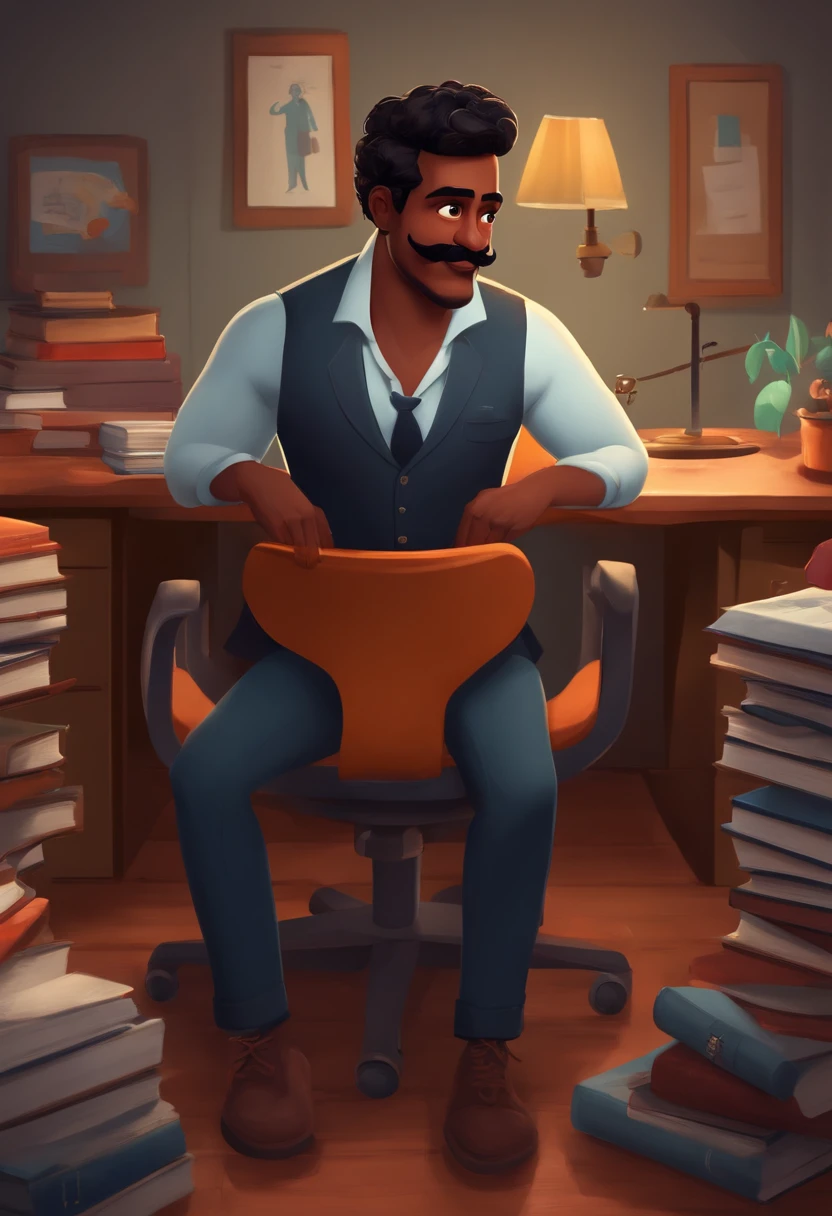 um homem jovem moreno de cabelo curto preto e bigode fino, vestindo uma blusa cinza, sitting in an office chair, with a desk in the back with books and work objects, estilo disney pixar, alta qualidade