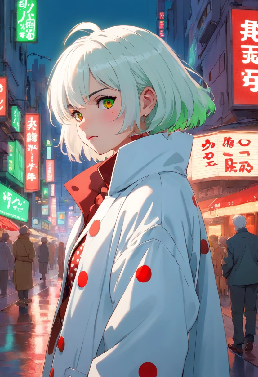 1girl, (masterpiece), white hair, short hair, green eyes, white coat with red polka dots, white and Red pants, cyberpunk city, Clown