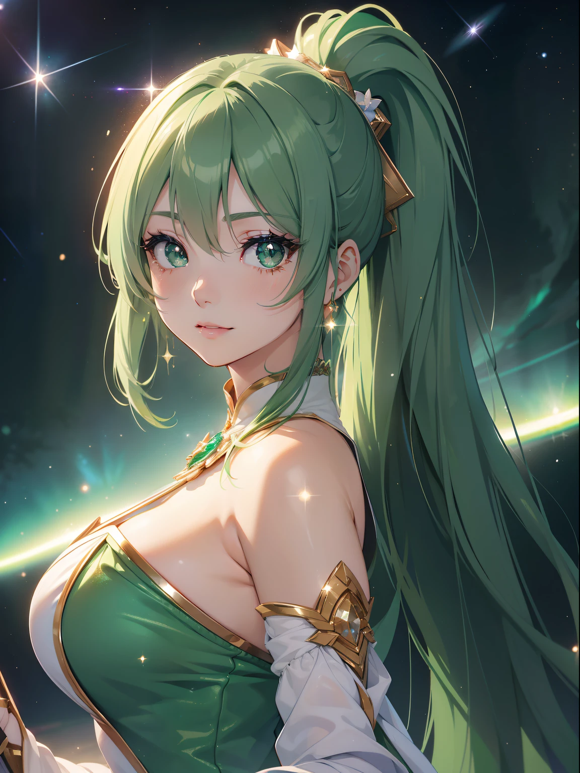 masutepiece, High resolution, 8K, anime woman, Delicate and detailed writing 、Detailed digital illustration、absurdly long hair、(((Ponytail)))、Shiny hair、a very beautiful woman、Eyes are double, Large,Little hanging eyes、 Bust E Cup、High image quality, High quality、Detailed background、、The inside of the eye shines like a diamond、(((Dark green hair)))、Gradient pupil、(((2 arms、4 fingers, 1 thumb)))、Detailed female face、a very beautiful woman、、细致背景、masterpiece、Soft Focus , Bright gradient watercolor , Lens Flare , (((Glitter))) , Glow , Dreamy ,a miniskirt、Idol、Light Green Ribbon、Very beautiful light green rose hair accessories、Light green and gold costume with white as the main color、((Macroface))、(Cool Girl).Tall lady、Dignified.((No bangs))、Eyes with blue gradient glow、Full smile、(((Face Close-up)、(Knight's costume),(((cosmic background)))、(holds a sword)