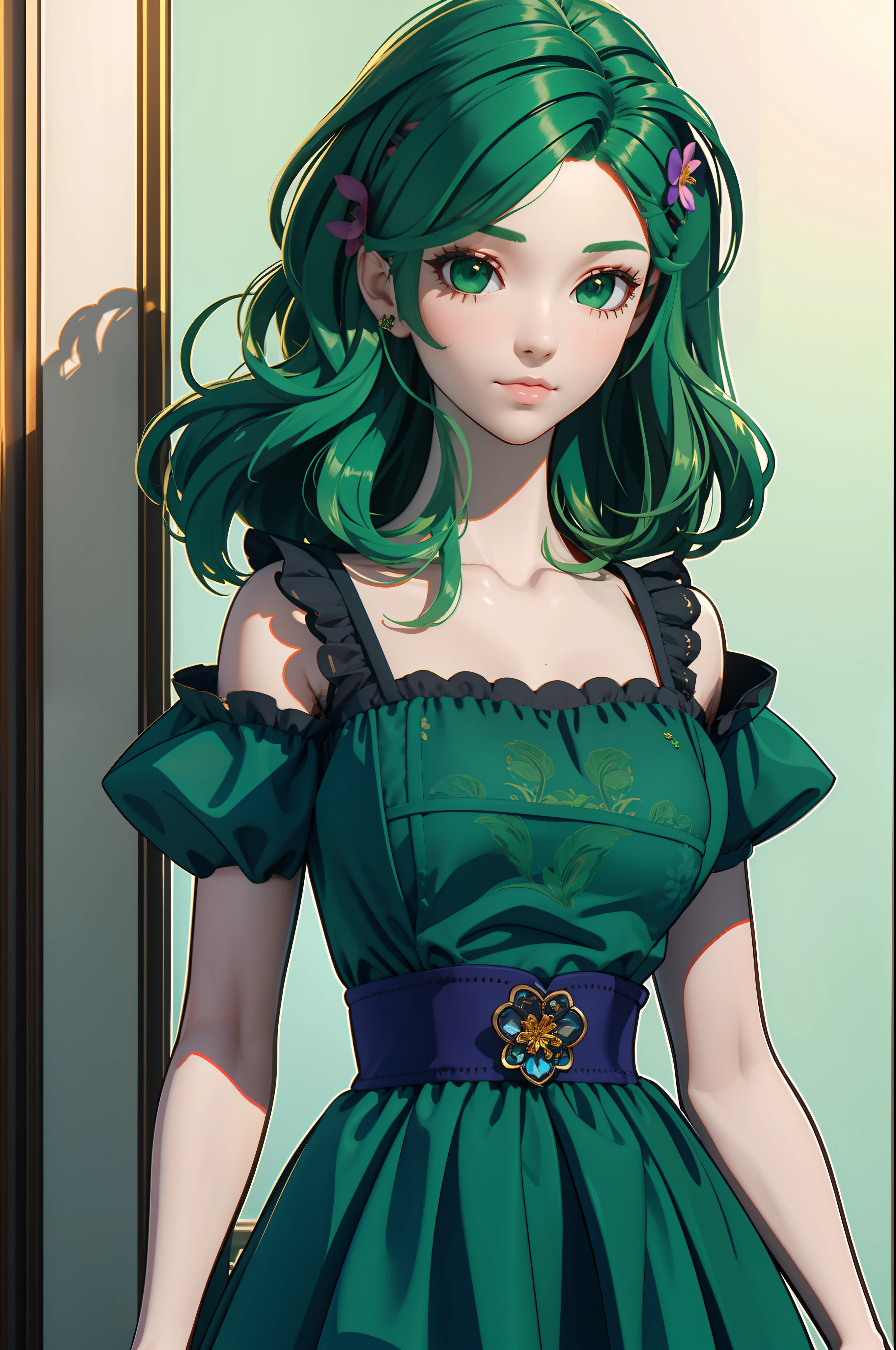 3dmm style, (masterpiece, best quality), intricate details, 1girl, solo, green hair, flower hair clip, green dress, looking at viewer,