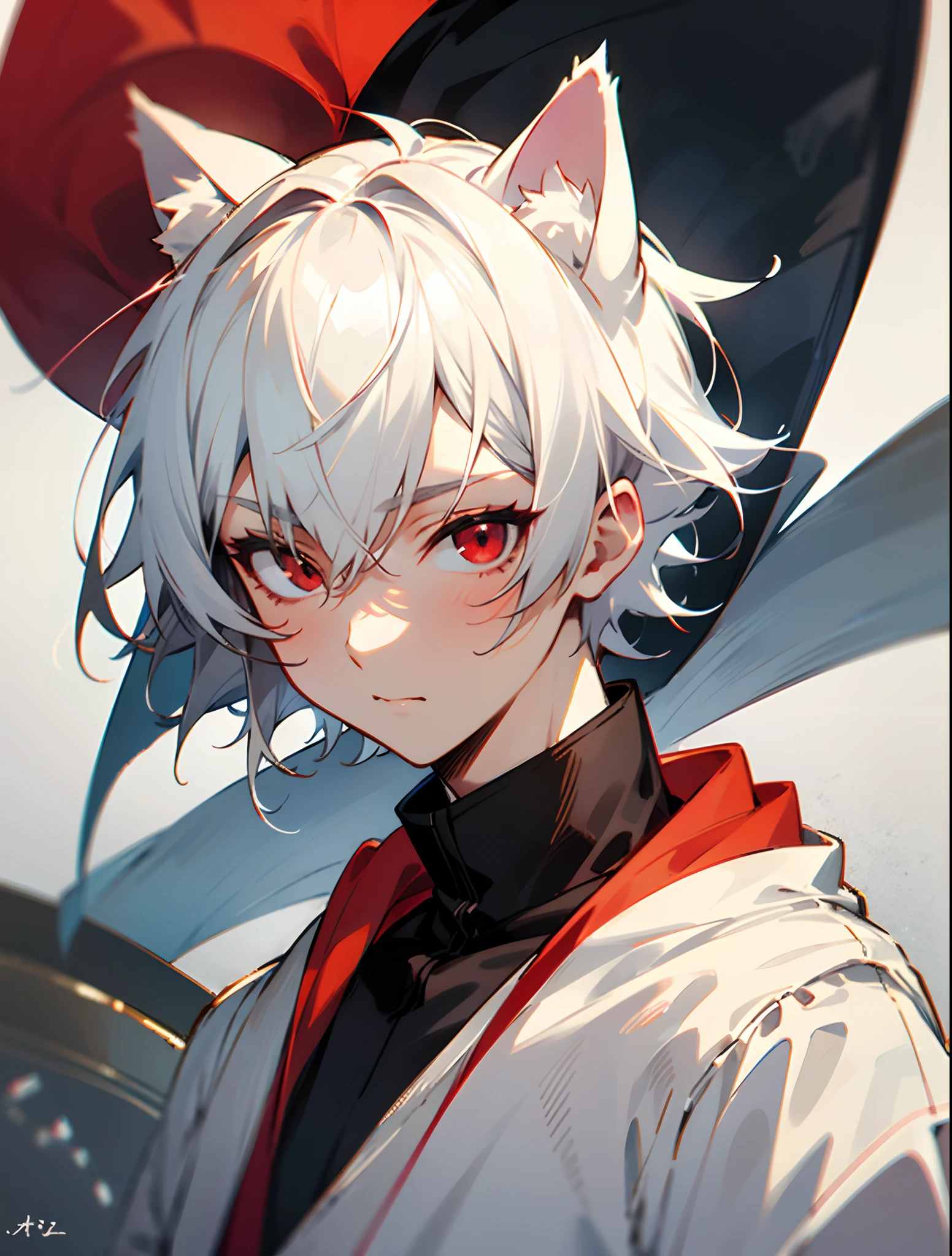 White hair、short-hair、独奏、male people、Anime Boy、red eyes、​masterpiece、portraitures、cat ear