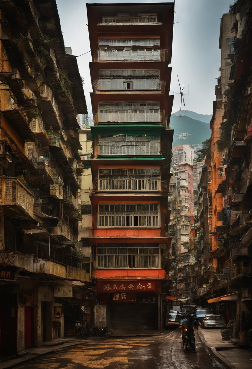 The end of a narrow street in Central, Hong Kong, There is a building that has been vacant for decades,The exterior walls are mottled,The glass windows were covered with cobwebs and dust, There are a lot of zombies on the streets, Hyper-real