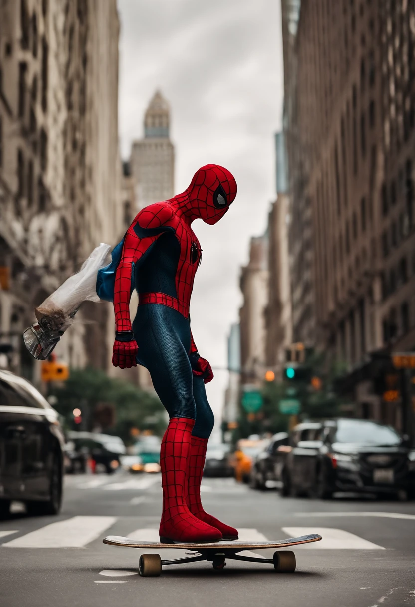 Spiderman skateboarding with an ice cream in his hand in New York City