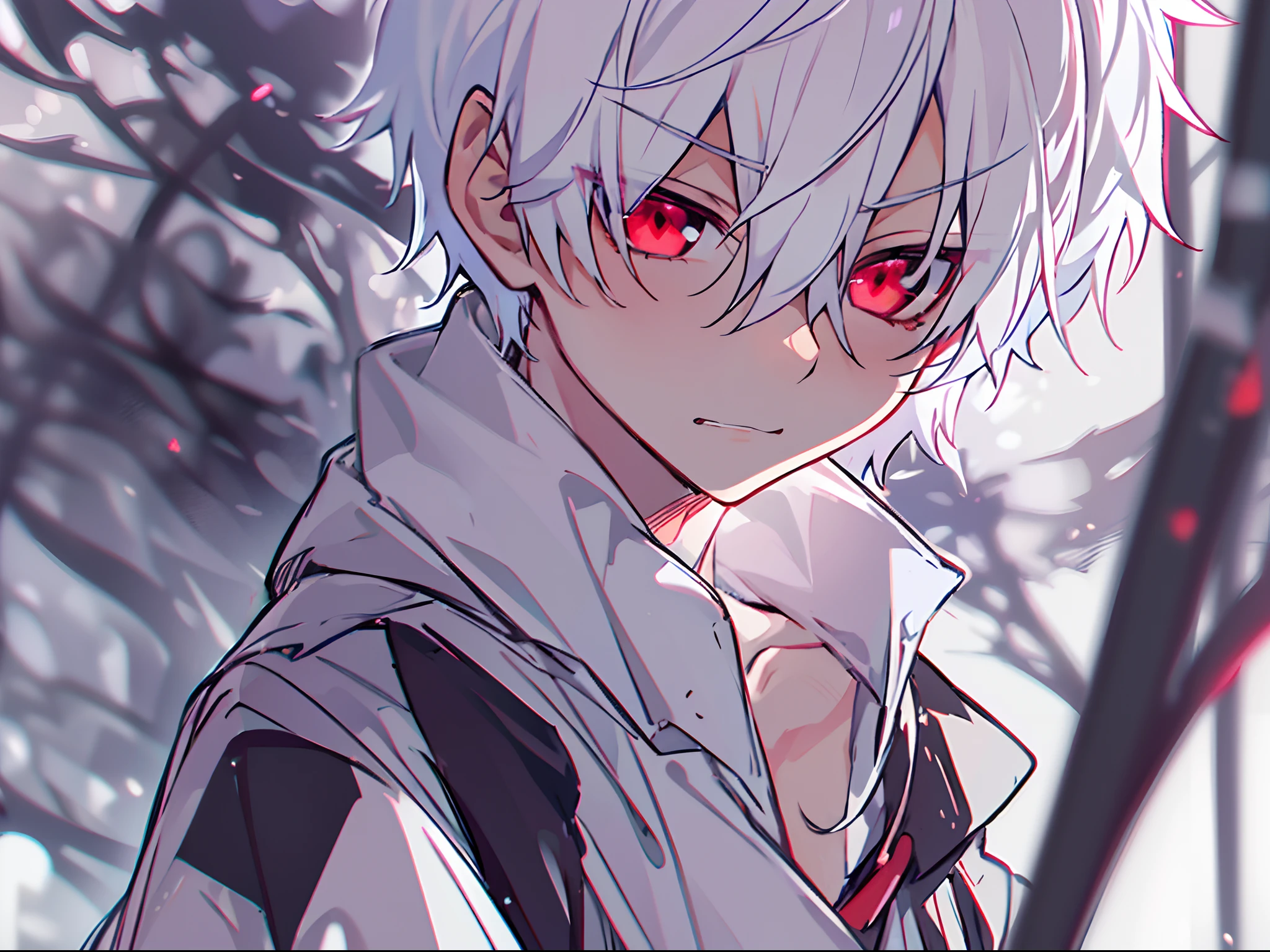 nffsw, Best Quality, masutepiece,Anime boy with white hair and red eyes staring at camera, Highlights in the eyes、slim, dressed in a black outfit,hair messy,Straight face、with a pure white background、cute little