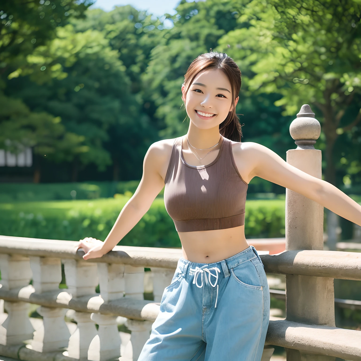 A Japanese woman aged 20 to 25, 155 cm tall, 44 kg, with a youthful face, large eyes, Enchanting smile, brown hair up to her shoulders in a ponytail, a 55 cm waist, and an 80 cm hip, She has an overall slightly muscular healthy physique, Illustration down to the feet, This is a realistic illustration of her, abdominals, wearing sportwear, The background is a park, Fujicolor, first-person view, masterpiece, 8k, best quality, high details