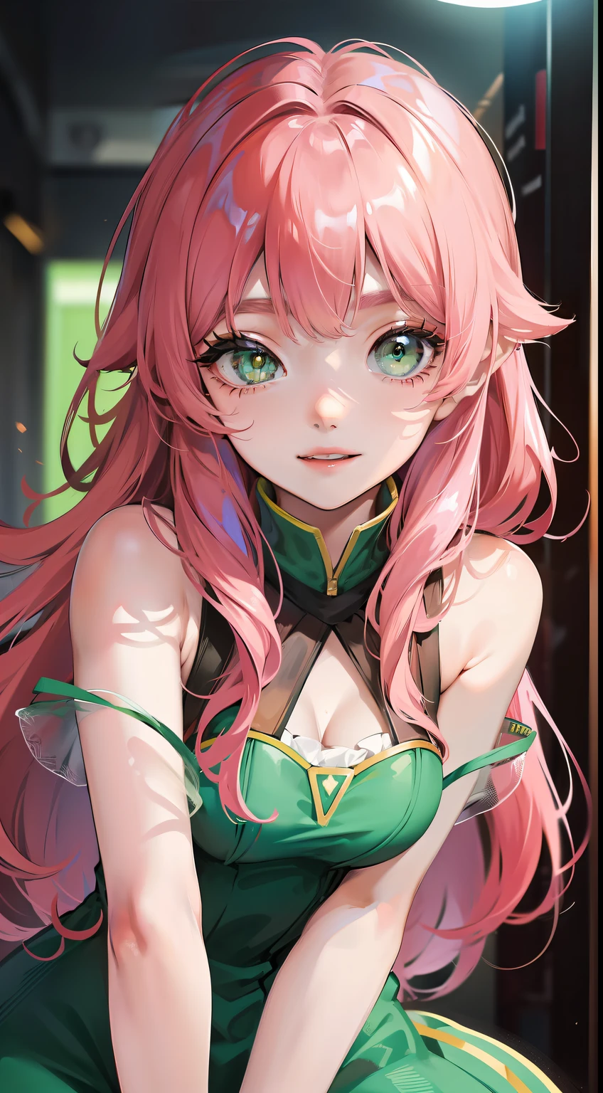 young girl, long pink hair, Green eyes, green light dress, ssmile, Masterpiece, hiquality