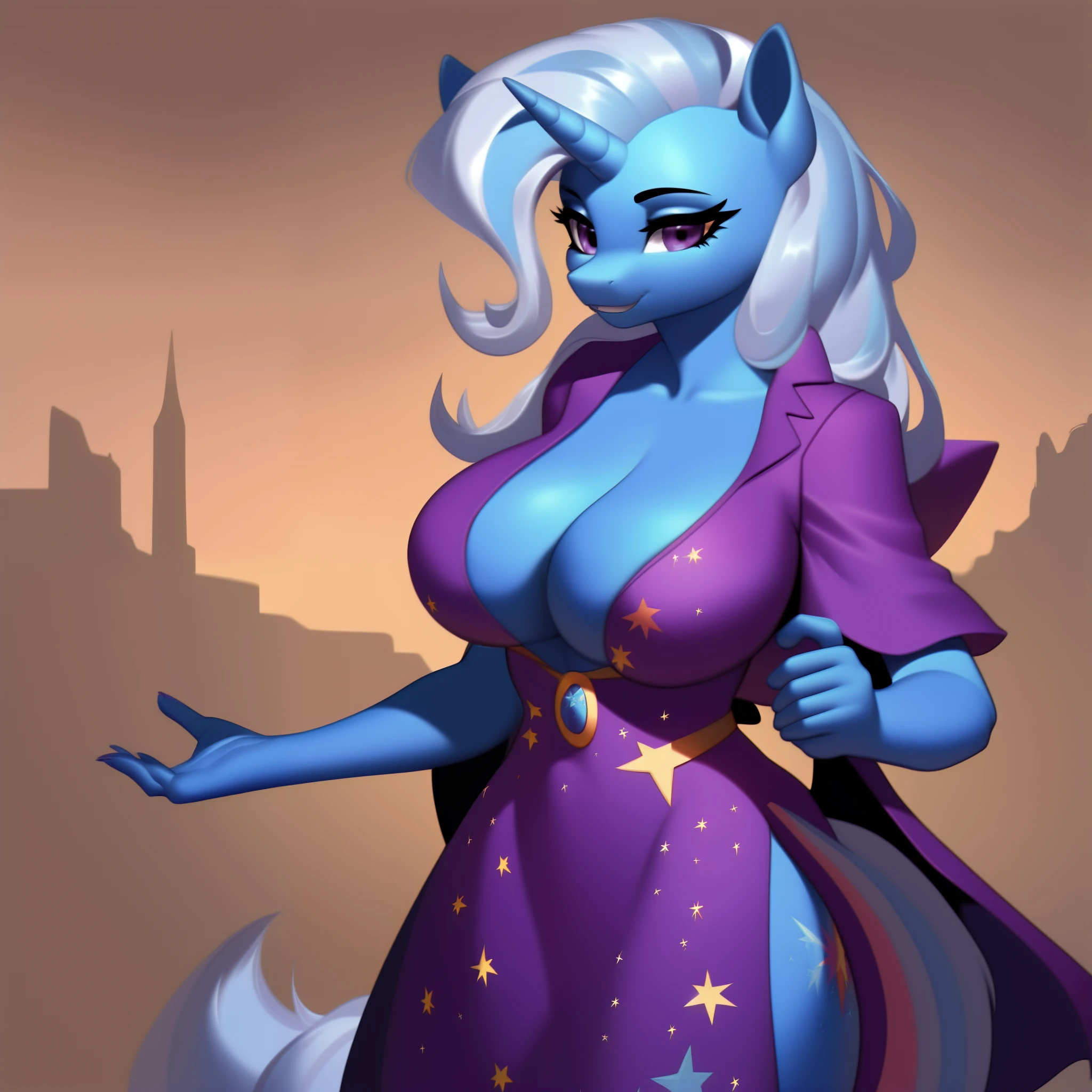 (score_9), (source_pony), (solo), (alicorn), ((anthro trixie fusion twilight sparkle:1.2)), (sexy magician suit), facing you, sexy, smiling, sensual, long Messy hair, anatomically correct, night garden, standing near fountain, big breast, half body, anime art style