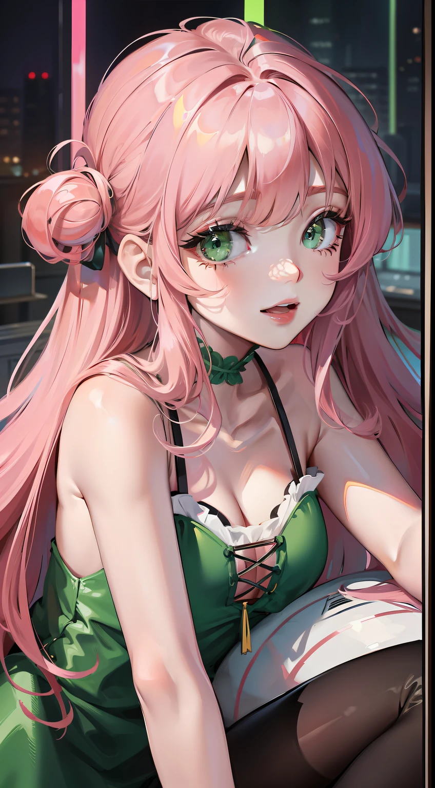 young girl, long pink hair, Green eyes, green light dress, ssmile, Masterpiece, hiquality