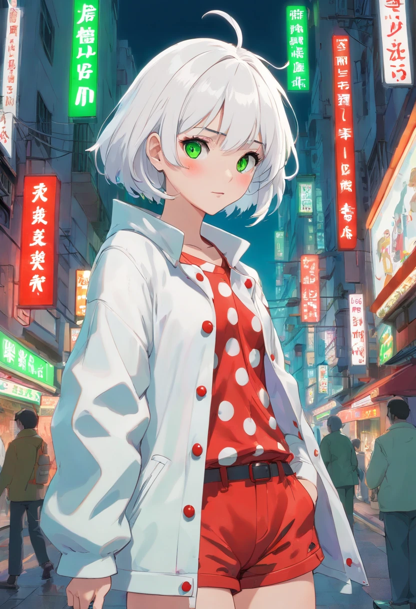 1girl, (masterpiece), white hair, short hair, green eyes, white coat with red polka dots, red shorts, cyberpunk city, Clown