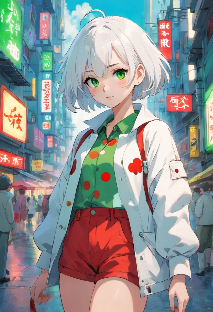 1girl, (masterpiece), white hair, short hair, green eyes, white coat with red polka dots, red shorts, cyberpunk city, Clown