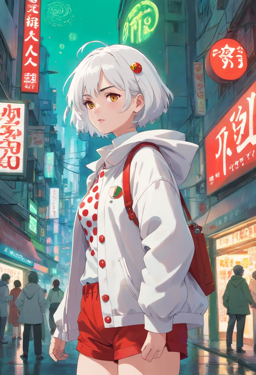 1girl, (masterpiece), white hair, short hair, green eyes, white coat with red polka dots, red shorts, cyberpunk city, Clown