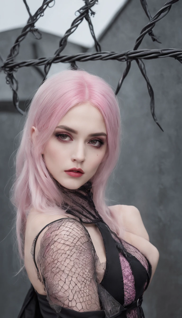 Girl with gothic net symbolic clothes, 。.com (Barbed wire of the body) pink color hair,Gray hair ends, big boobs, fashionista, jru852fj0&$
