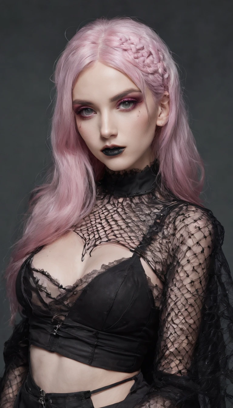 Girl with gothic net symbolic clothes, 。.com (Barbed wire of the body) pink color hair,Gray hair ends, big boobs, fashionista, jru852fj0&$