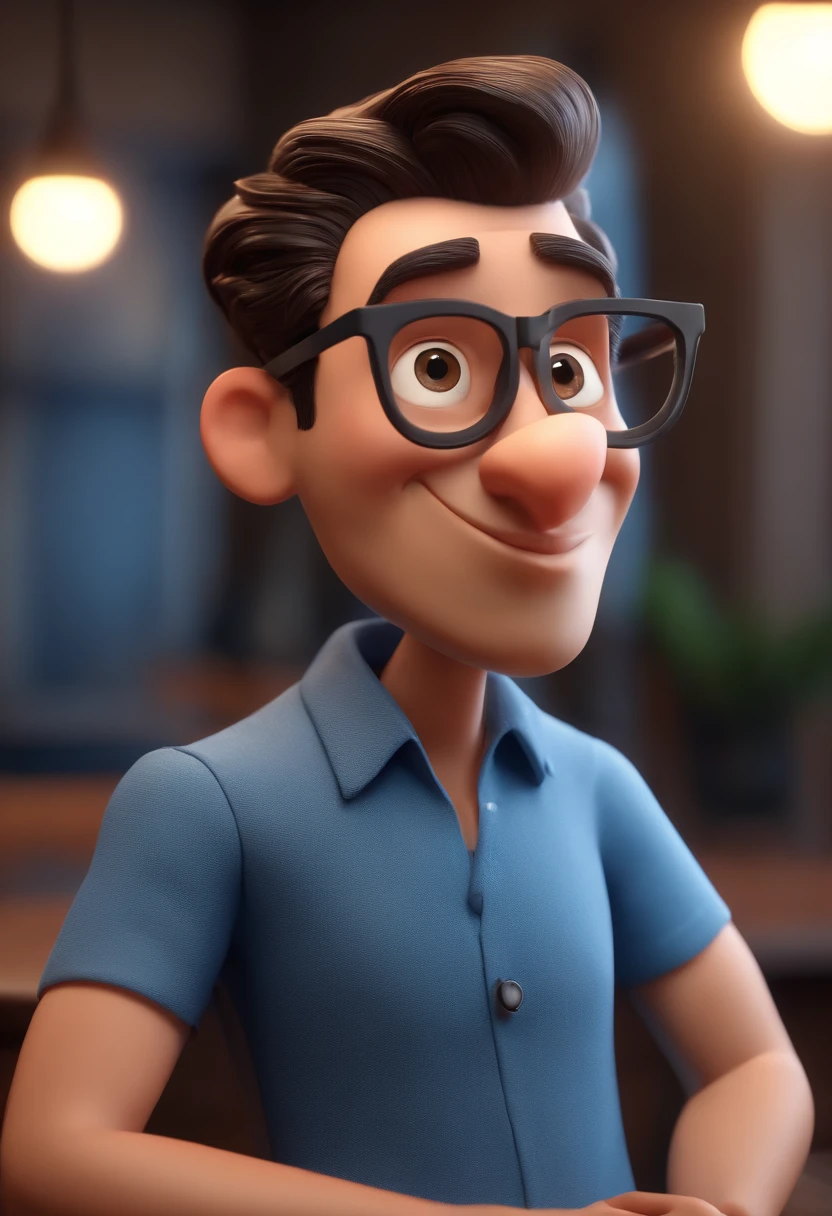 Cartoon character of a man with black glasses and a blue shirt, animation character, Caractere estilizado, animation style rendering, 3D estilizado, Arnold Maya render, 3 d render stylized, toon render keyshot, Personagem 3D, Personagem 3D, 3d rendering stylized, 3 d character render, personagem de desenho animado, Personagem de close up, Pose de personagem, (Estilo Pixar) (master part:1.2) (Bokeh) (best quality) (pele detalhada) (textura detalhada) (8k) (argila) (Cinematic lighting) (foco nítido