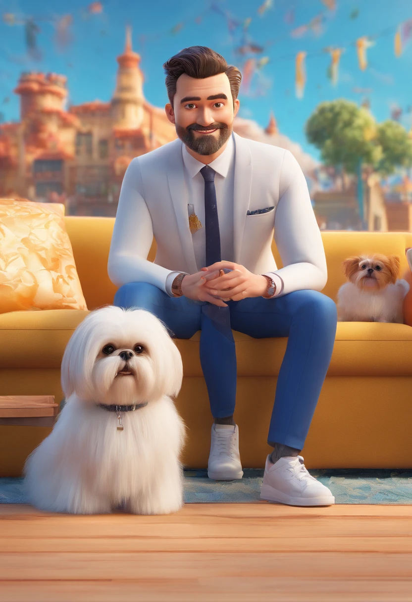 man in his 30s, white, with a stylish pompadour fringe, accompanied by his golden Shih Tzu dog named Simon, Pixar-style illustration, detailed eyes and lips, ultra-detailed facial features and expressions, vibrant colors, playful lighting, high-quality rendering